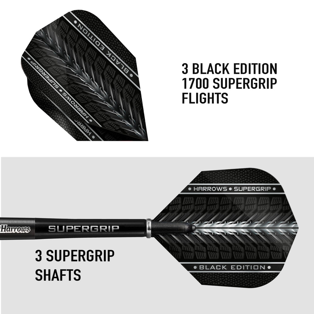 Harrows Supergrip Black Edition 90% Tungsten Steel Tip Darts Set