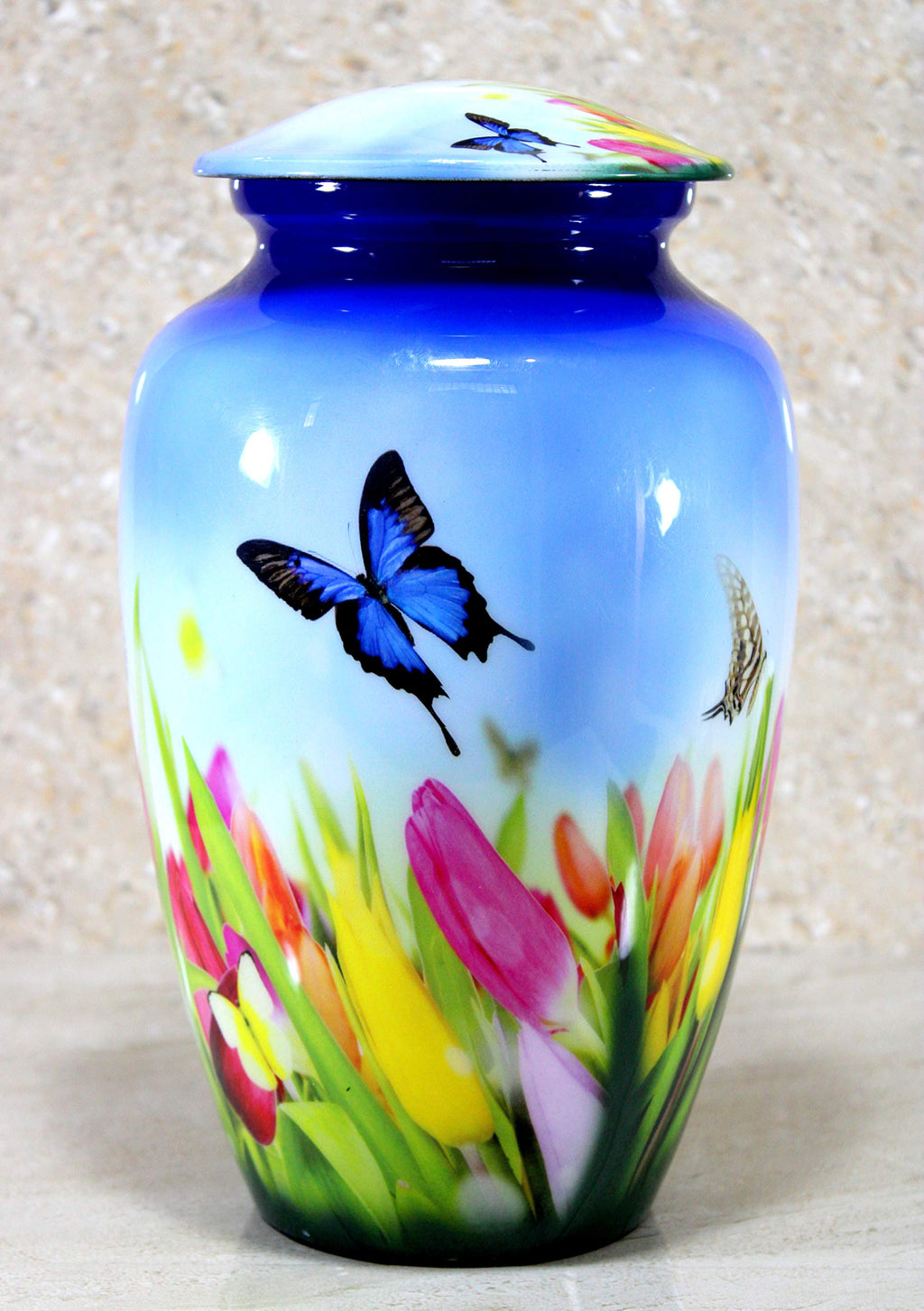 eSplanade Metal Cremation Urn - Blue Butterfly Memorial Jar for Ashes - 10"
