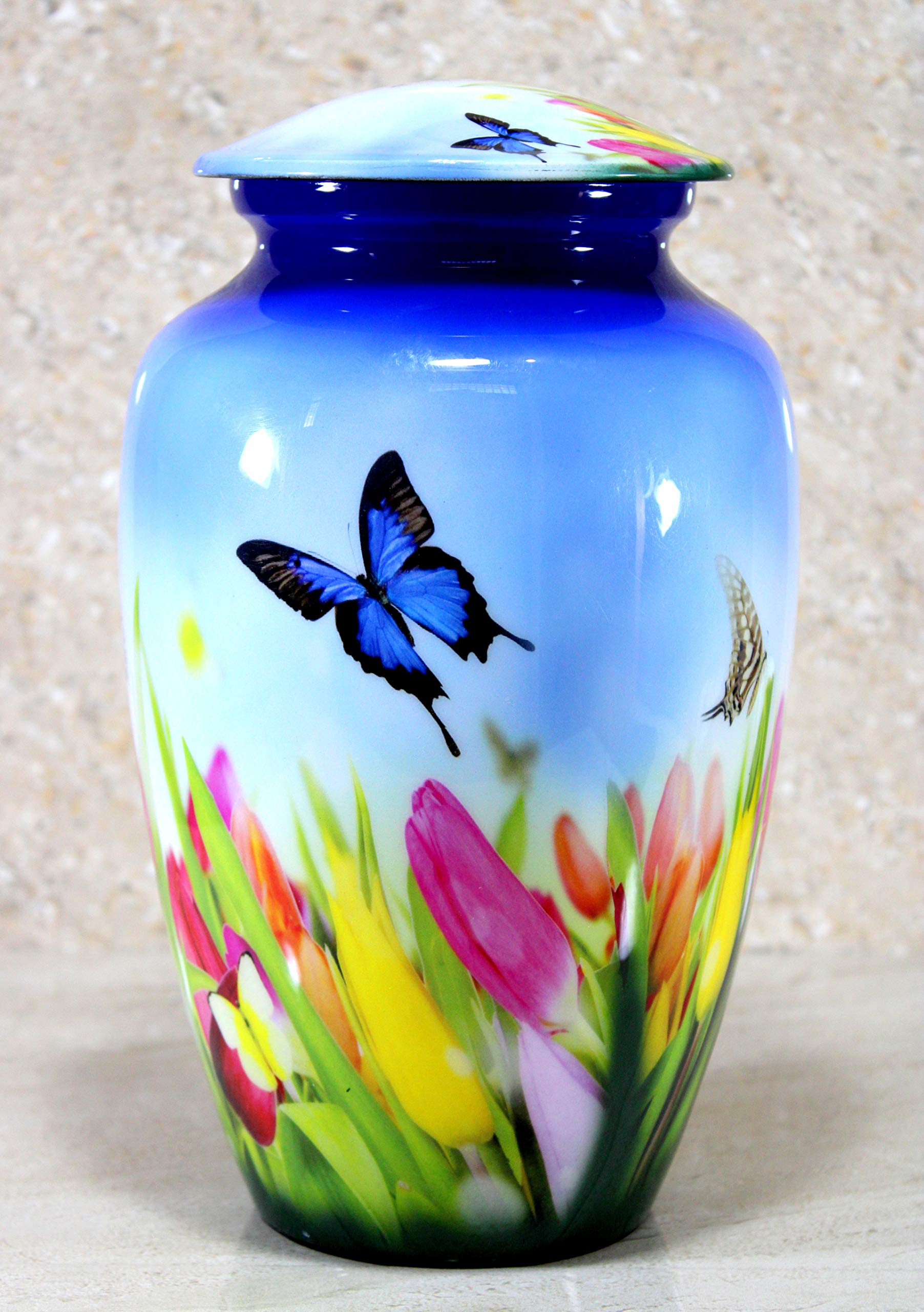 eSplanade Metal Cremation Urn - Blue Butterfly Memorial Jar for Ashes - 10"