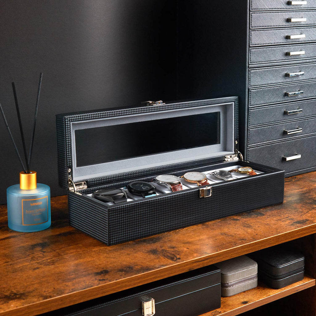 Mondeer 6-Slot Watch Box | Black PU Leather Organizer with Glass Lid