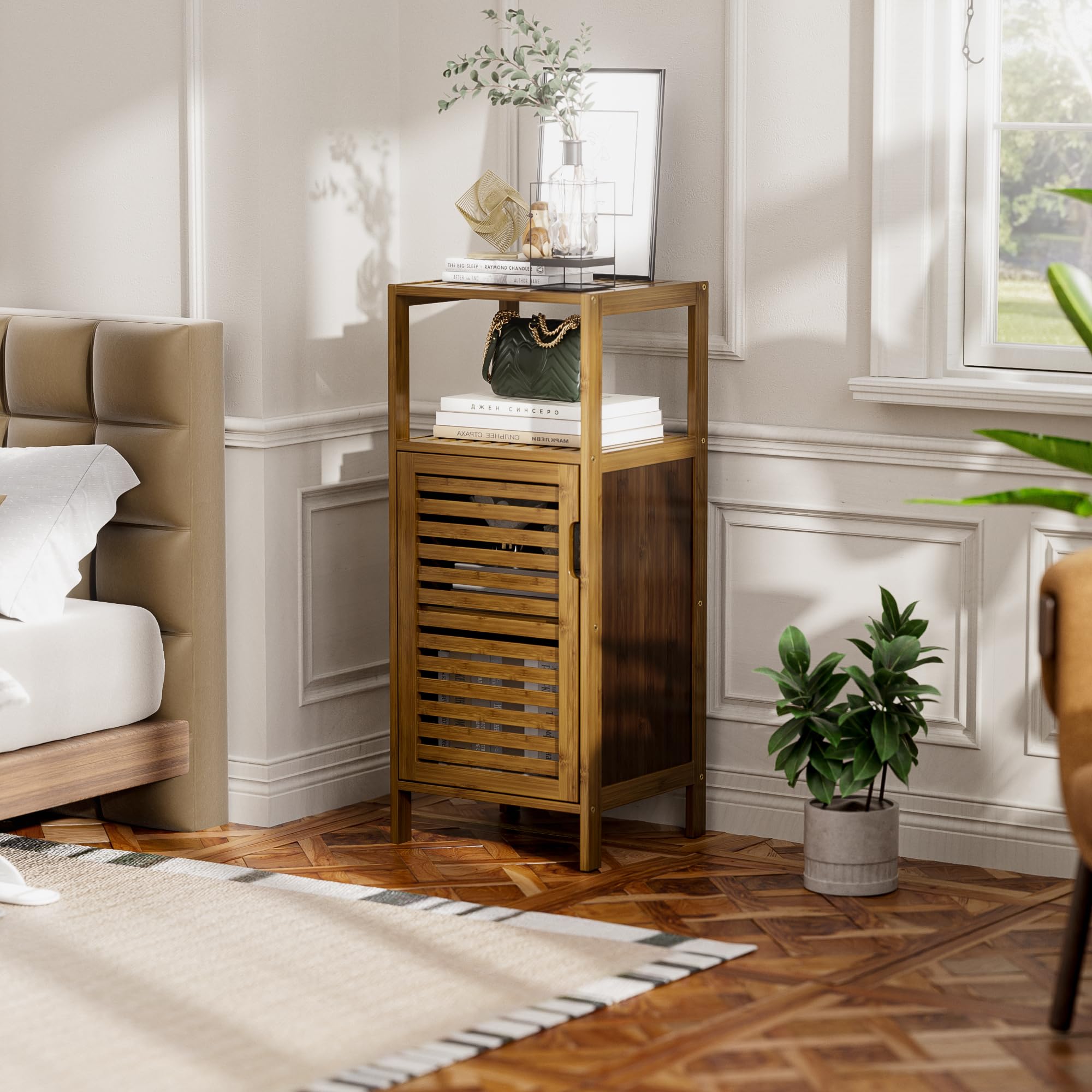 HITNET 4-Tier Bamboo Bathroom Floor Cabinet - Slim Storage Cupboard, Walnut