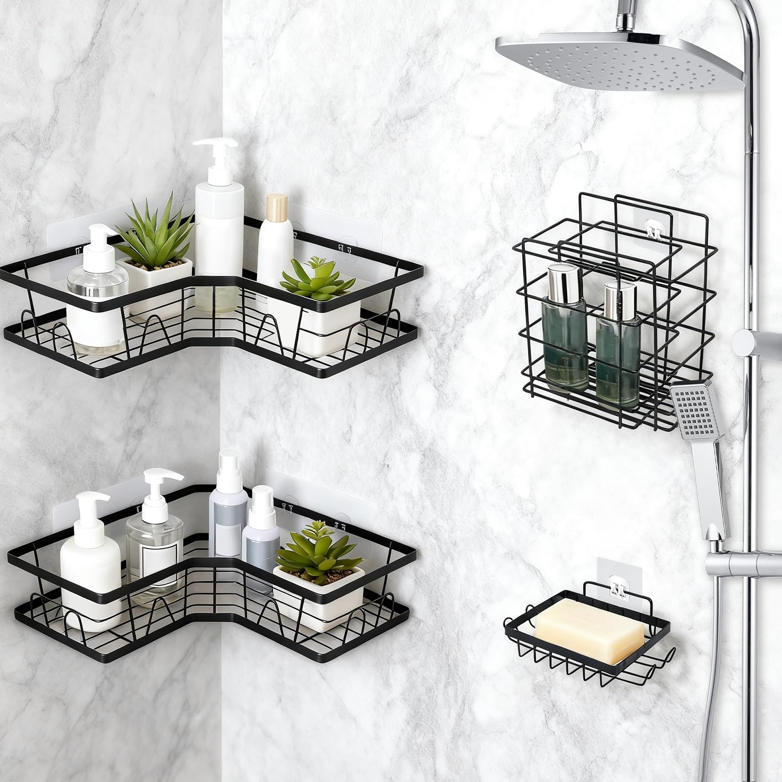Corner Shower Caddy 4-Pack – Matte Black Rustproof Iron