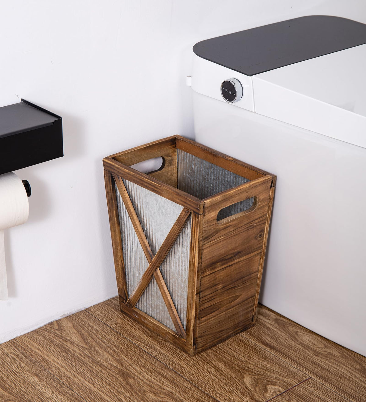 Venalys Small Wood Trash Can Wastebasket, Decorative Barn Door Garbage Can Waste Basket, Rustic Distressed Rectangular Trash Bin - image 5