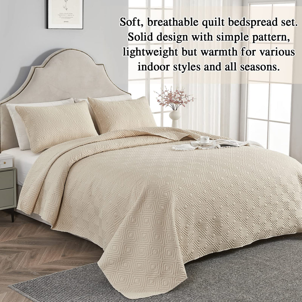 Qucover Super King Bedspread - 3-Piece Beige Ultrasonic Geometric Quilt