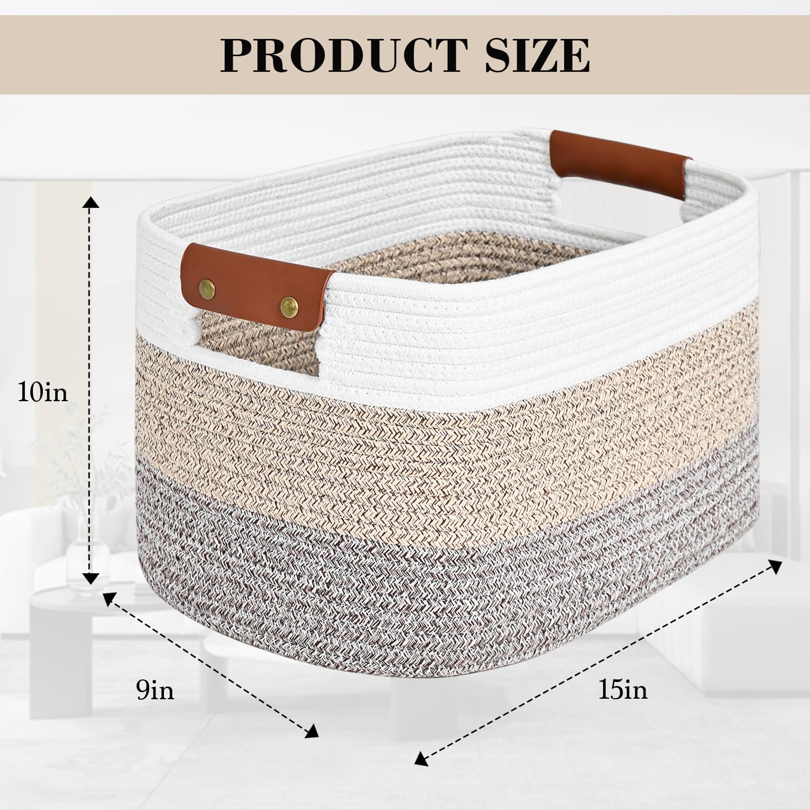 Cotton Rope Storage Baskets with Leather Handles, 3-Pack