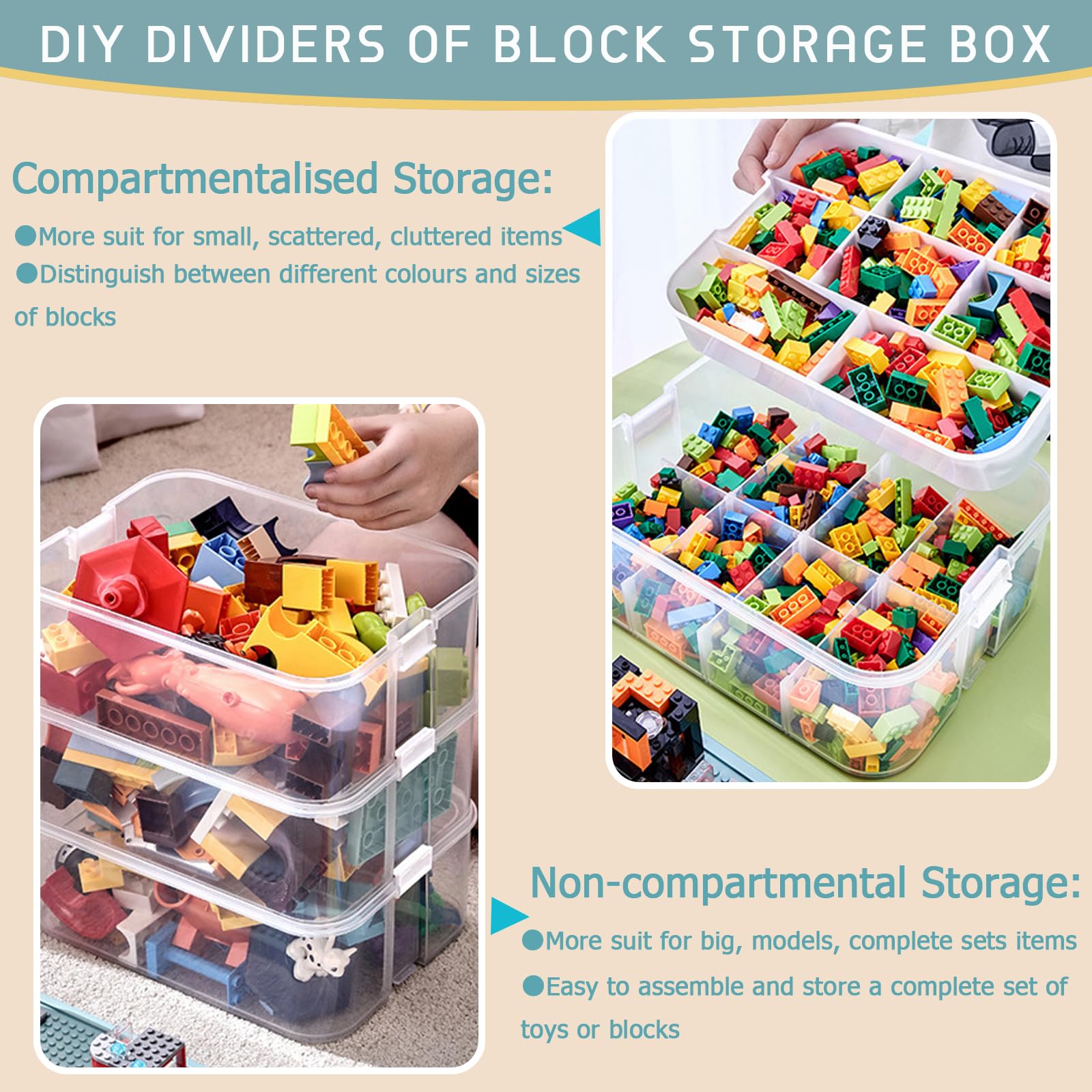 Jolof Store 3-Layer Stackable Toy Storage Box with Building Block Baseplate