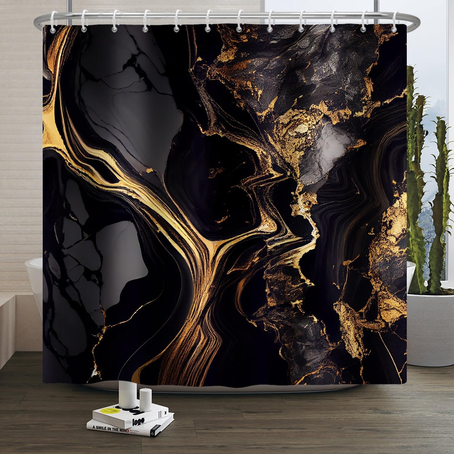 Xiaoterna Black and Gold Marble Shower Curtain | Luxury Waterproof Fabric