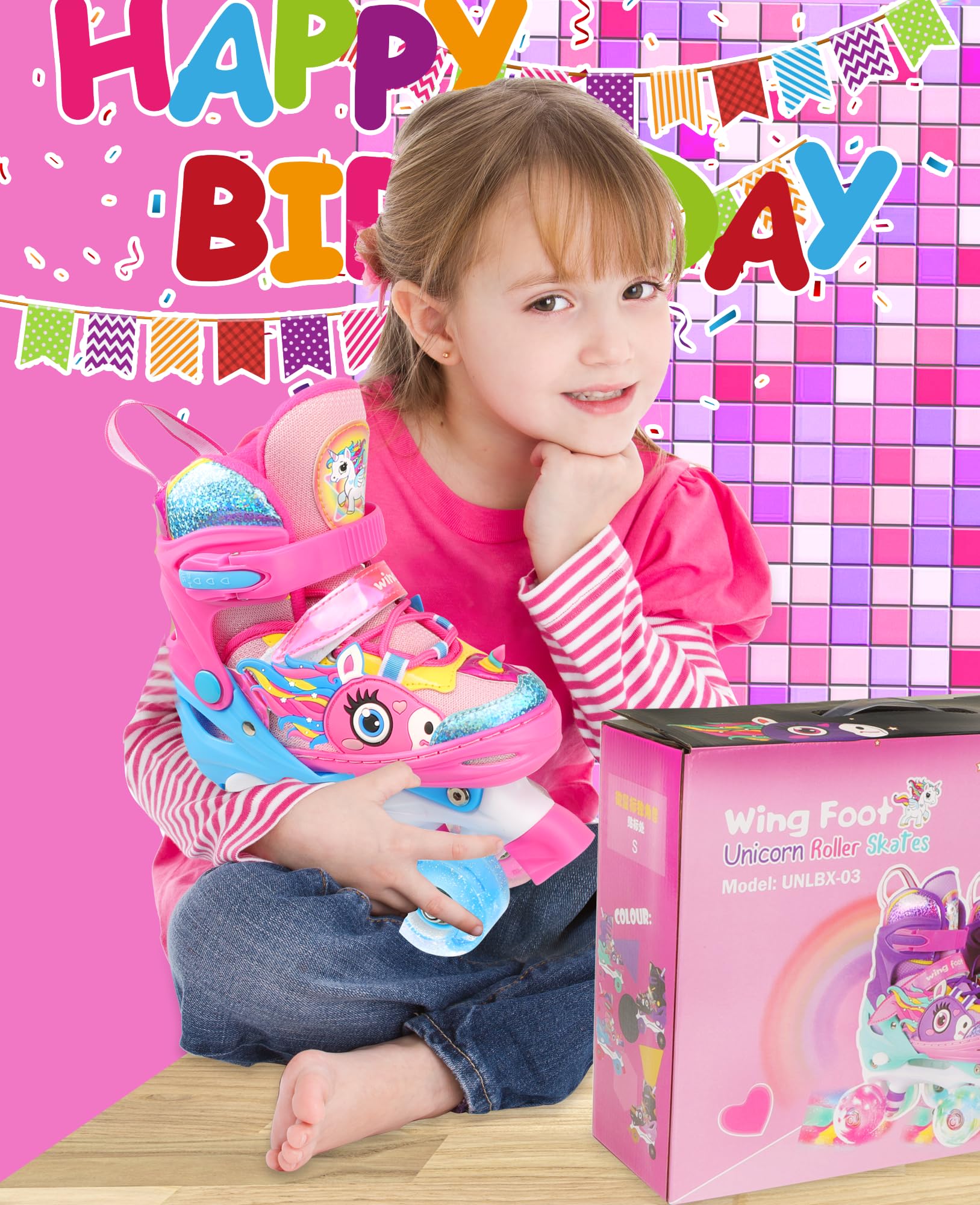 WESKIFAN Girls Unicorn Roller Skates | Adjustable Light Up Quad Skates