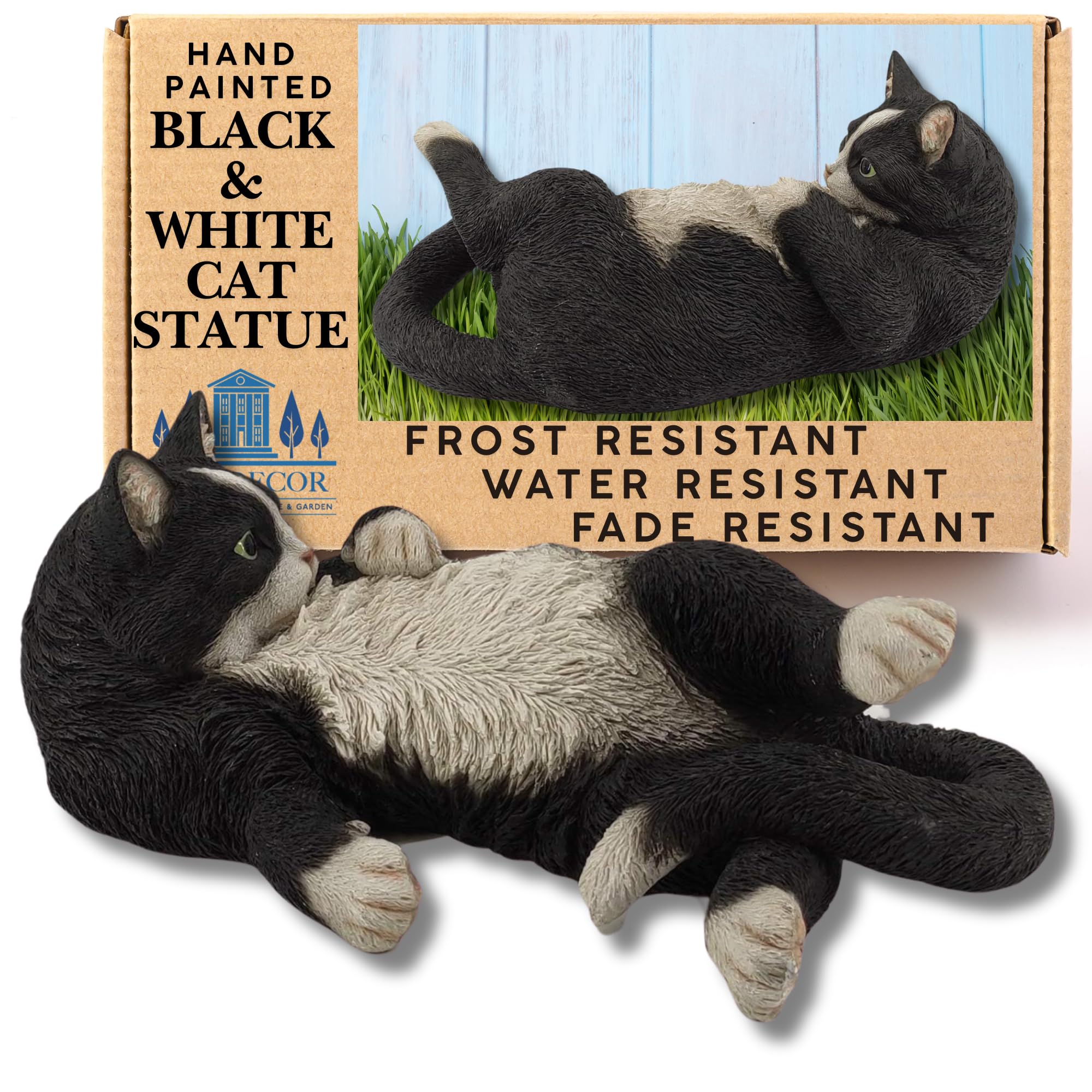 G&H Decor Black and White Cat Garden Ornament – 38cm Resin Statue
