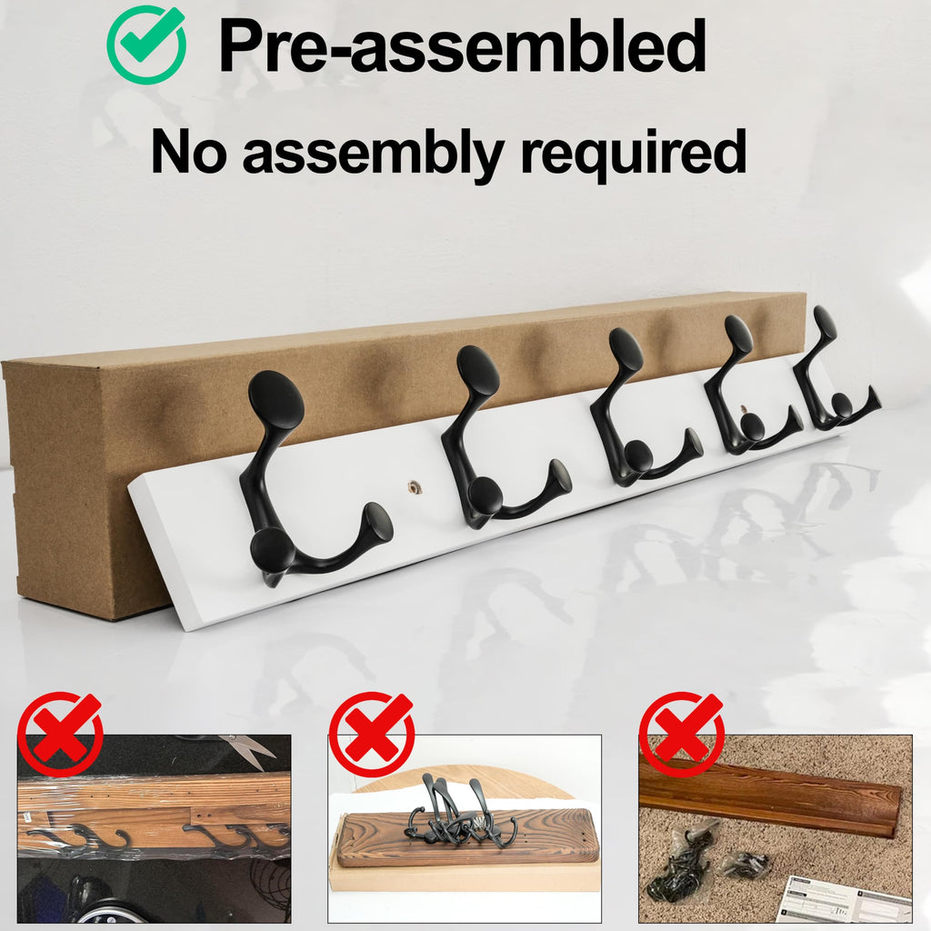 HONSKY Wall Mounted Coat Rack, 76cm White Pine Base, 5 Black Sturdy Aluminium Alloy Triple Hooks15 Hanging Points - image 5
