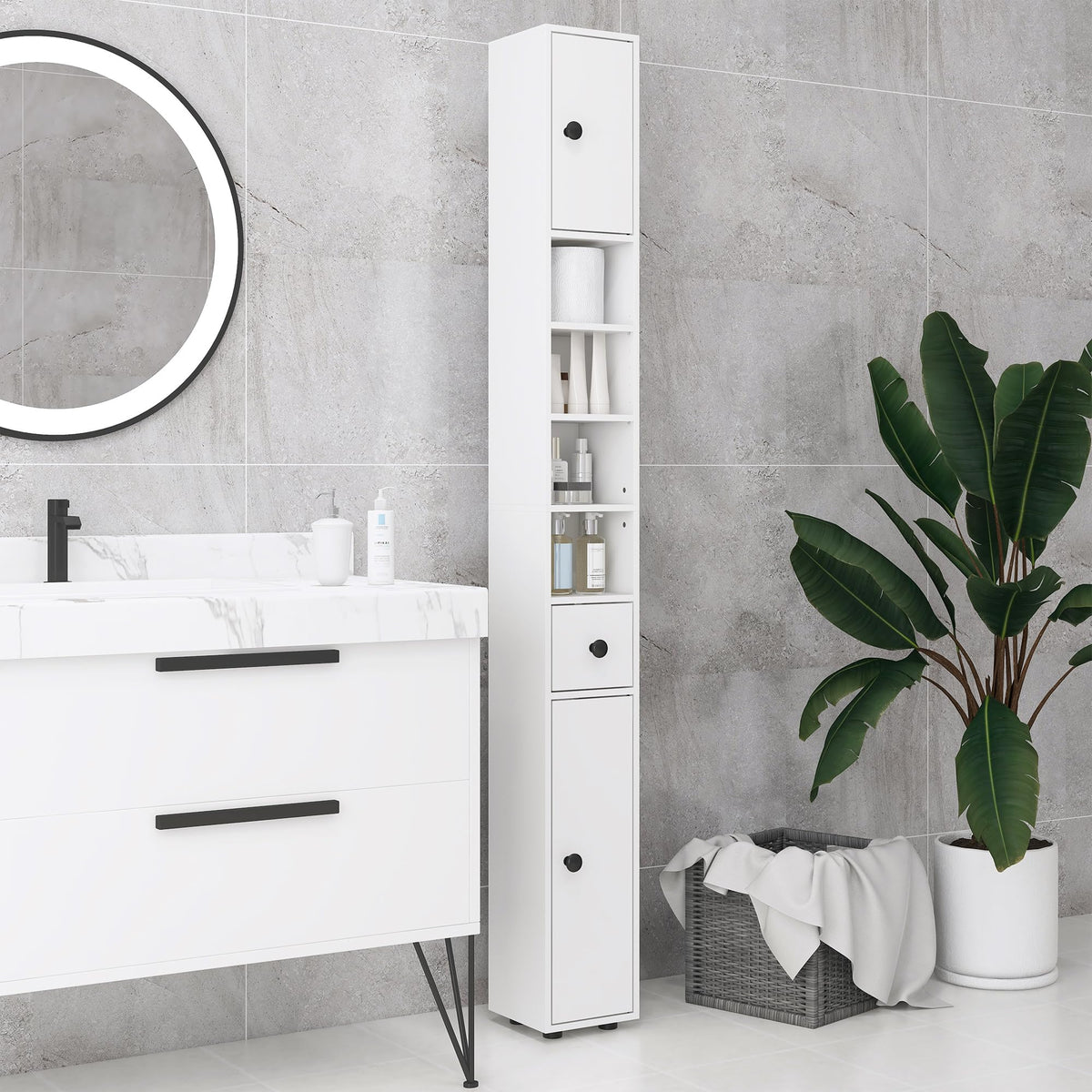 kleankin 180cm Tall Bathroom Cabinet, Slim, 4 Open Shelves, White - image 2