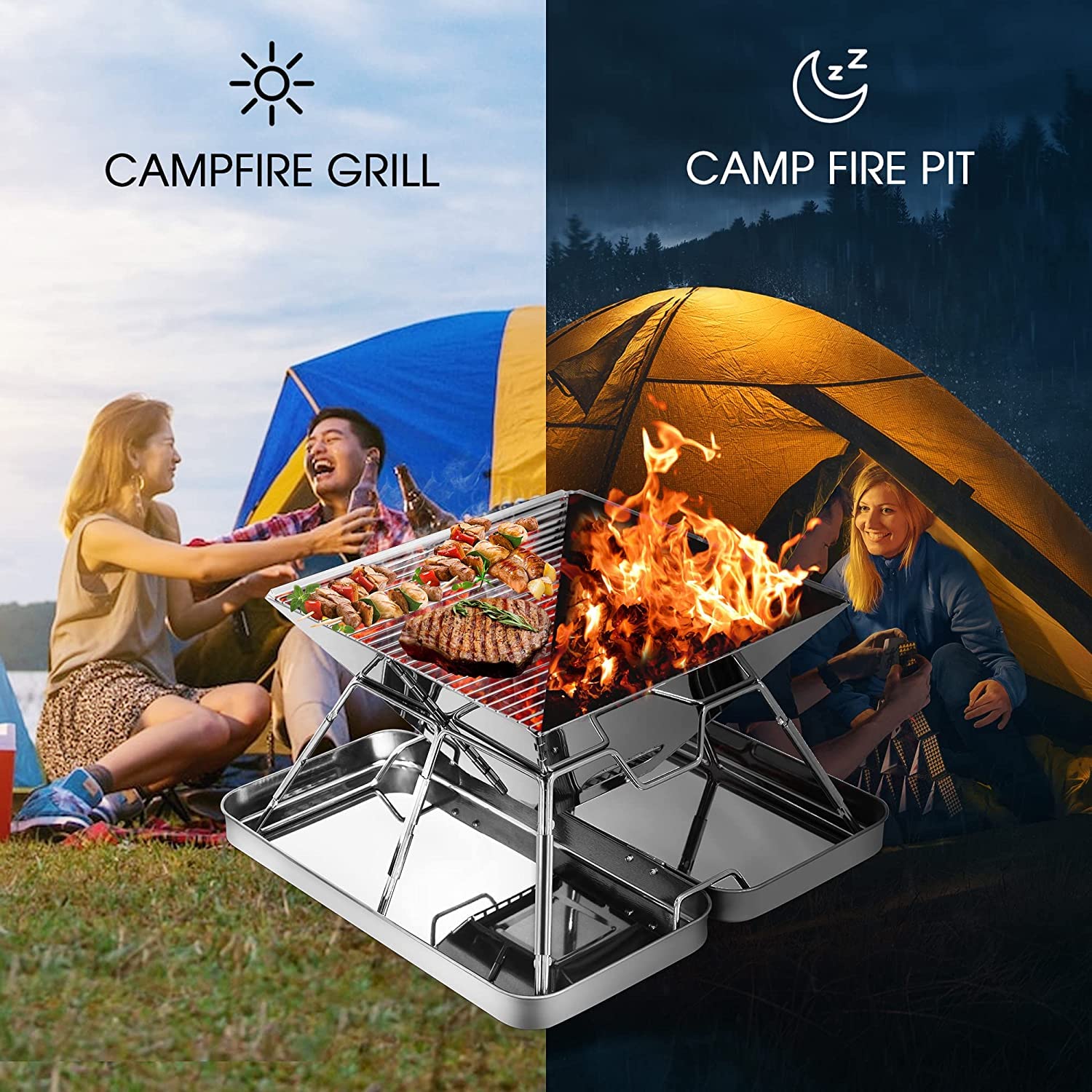 KAHEIGN Stainless Steel Foldable Fire Pit | Portable BBQ Camping Grill