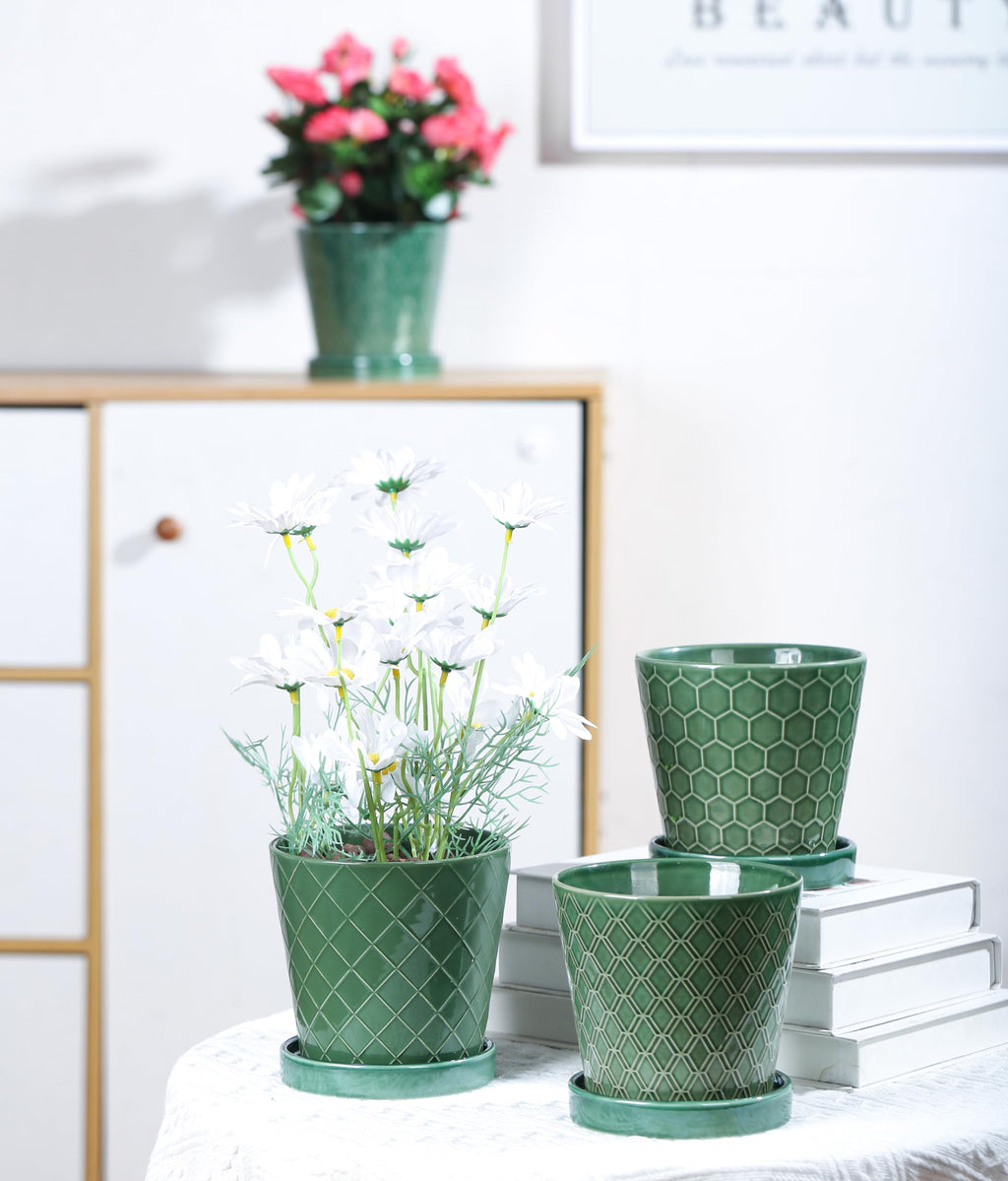 Jolof Store 5-Inch Ceramic Plant Pots with Drainage Hole and Tray – 4 Pack