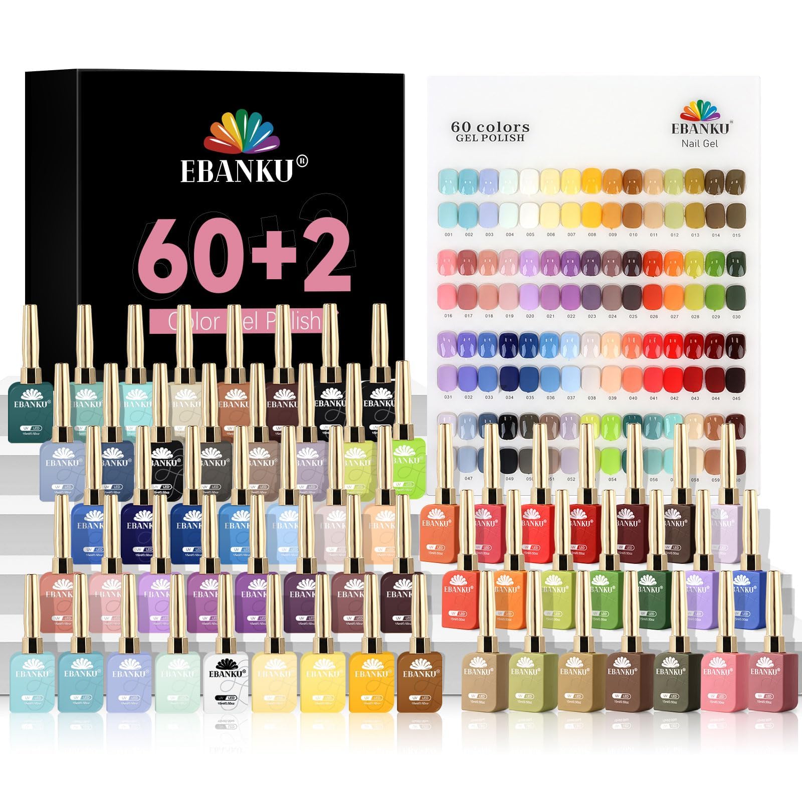 EBANKU 60 Colors Gel Nail Polish Set | 15ml UV LED Kit with Base & Top Coat