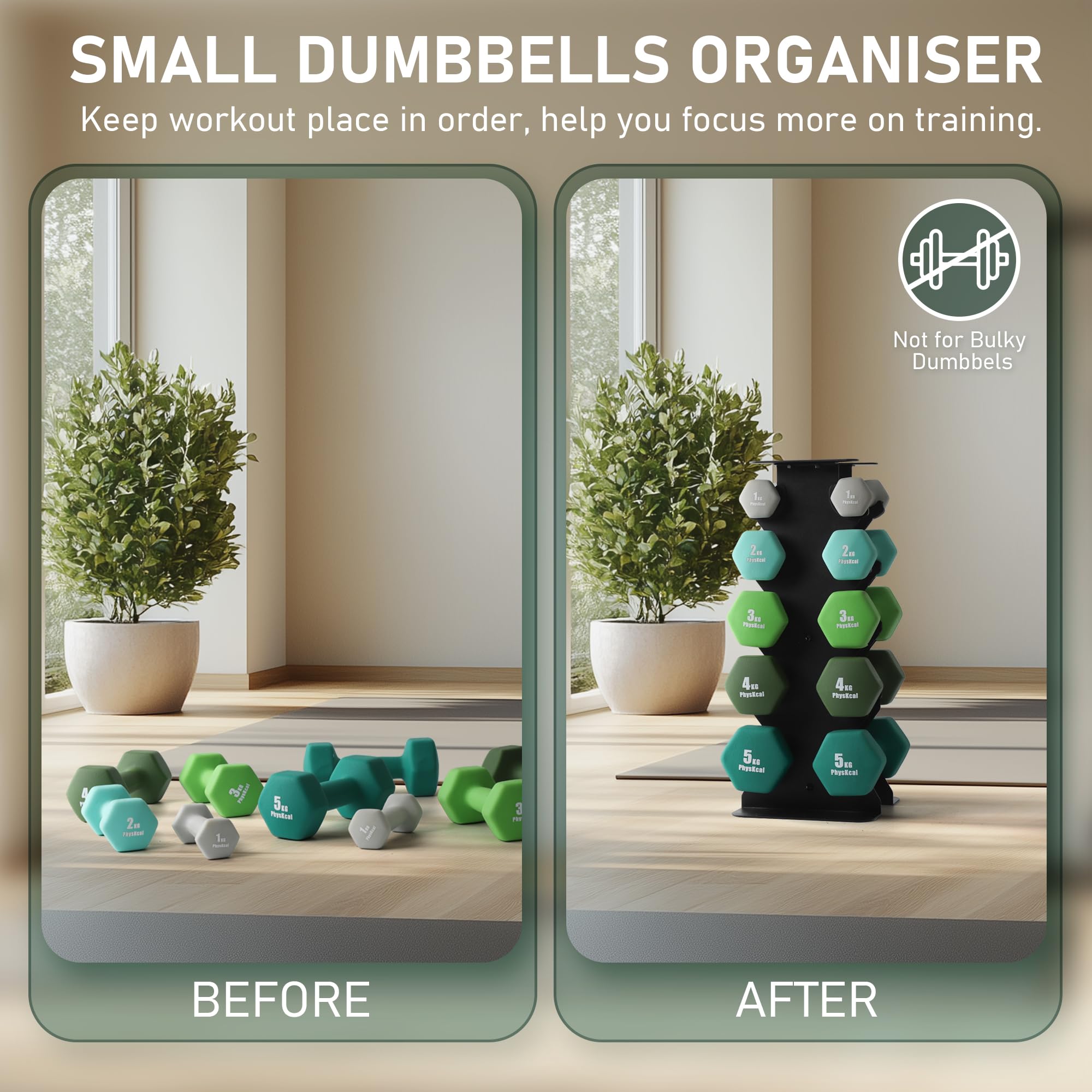 PhysKcal 5-Tier Vertical Dumbbell Rack | Steel Weight Storage Stand
