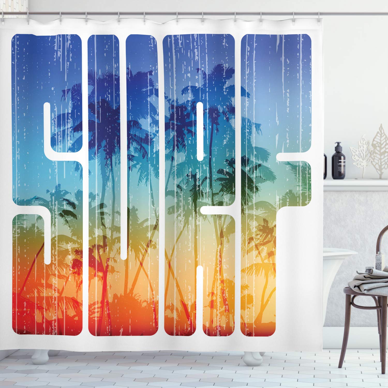 ABAKUHAUS Surf Shower Curtain | Retro Summer Palm Tree Fabric Decor