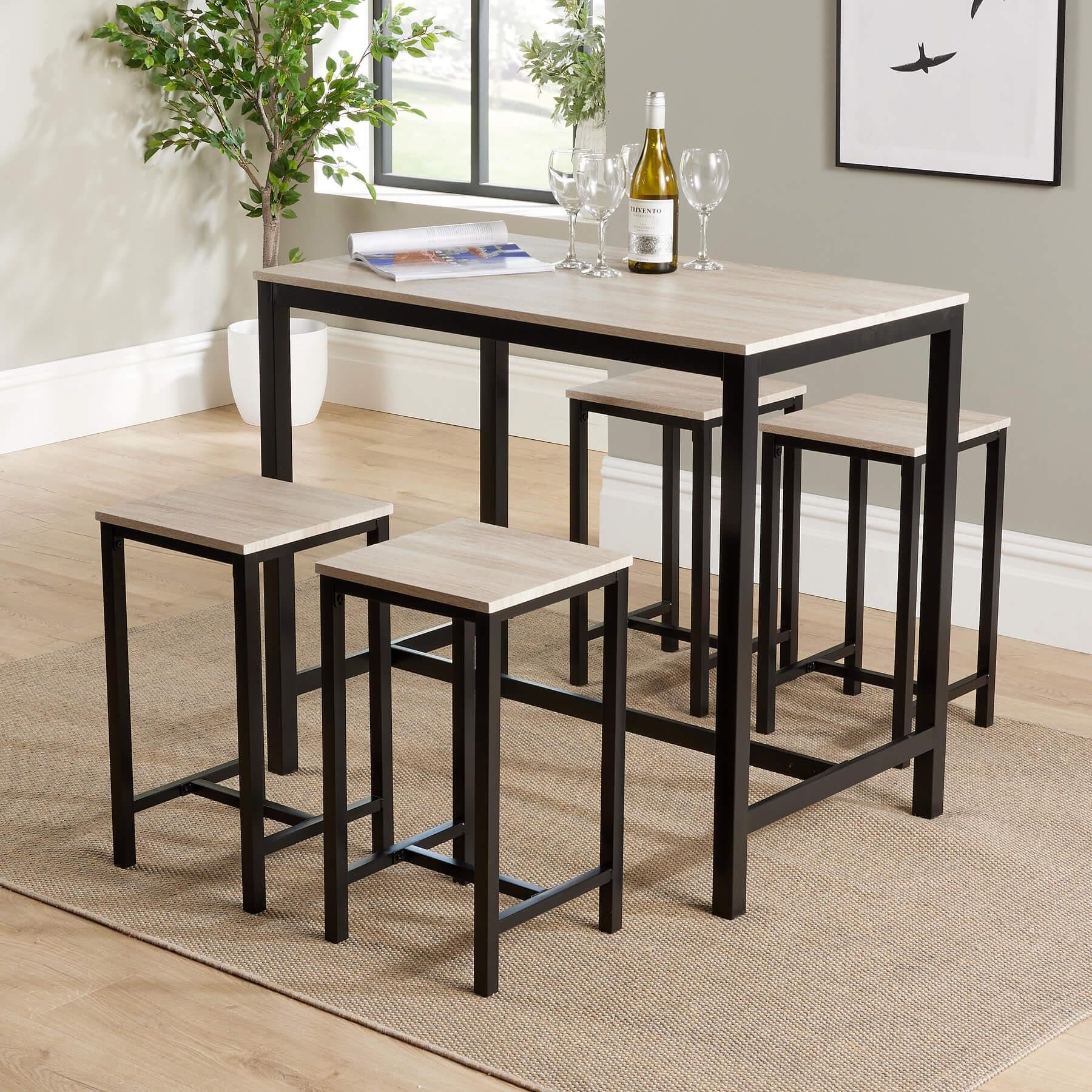 Jolof Store Industrial Breakfast Bar Set | Oak Top & 4 Stools