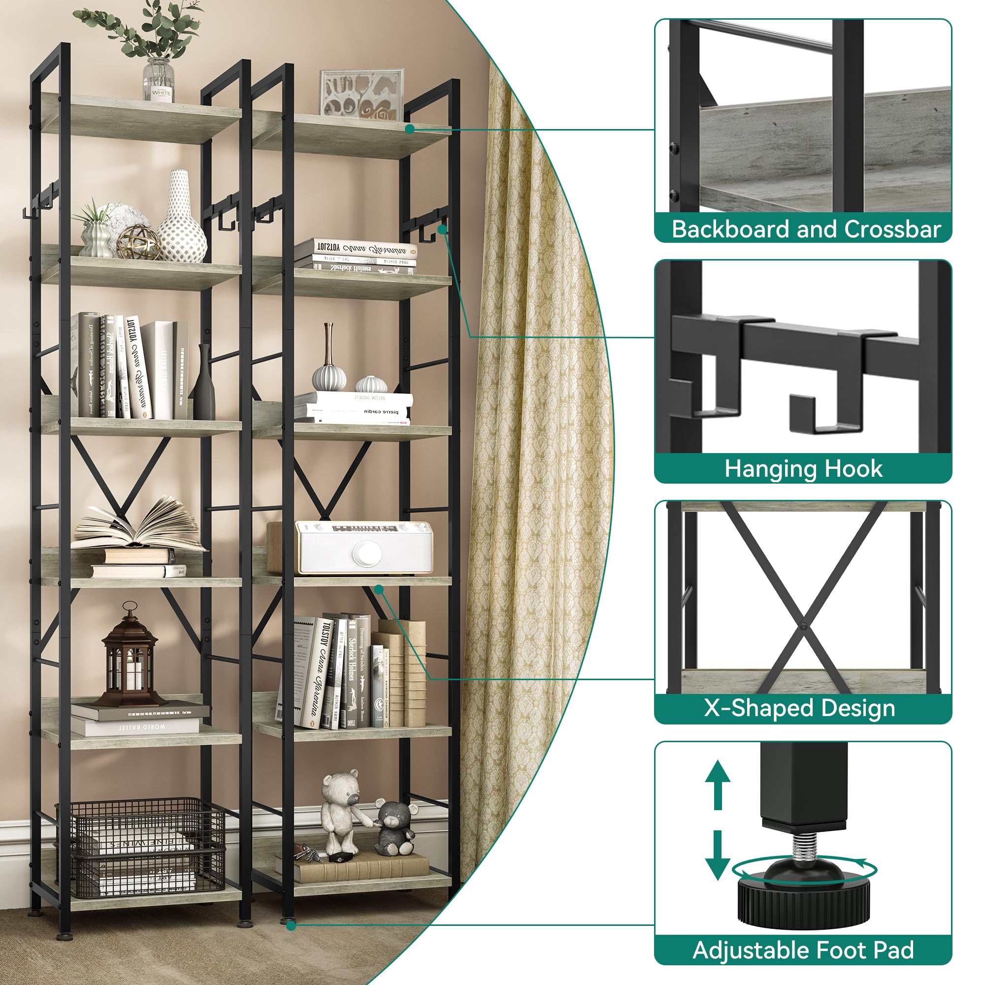 YITAHOME 6-Tier Industrial Bookcase | Tall Metal and Wood Storage Shelf