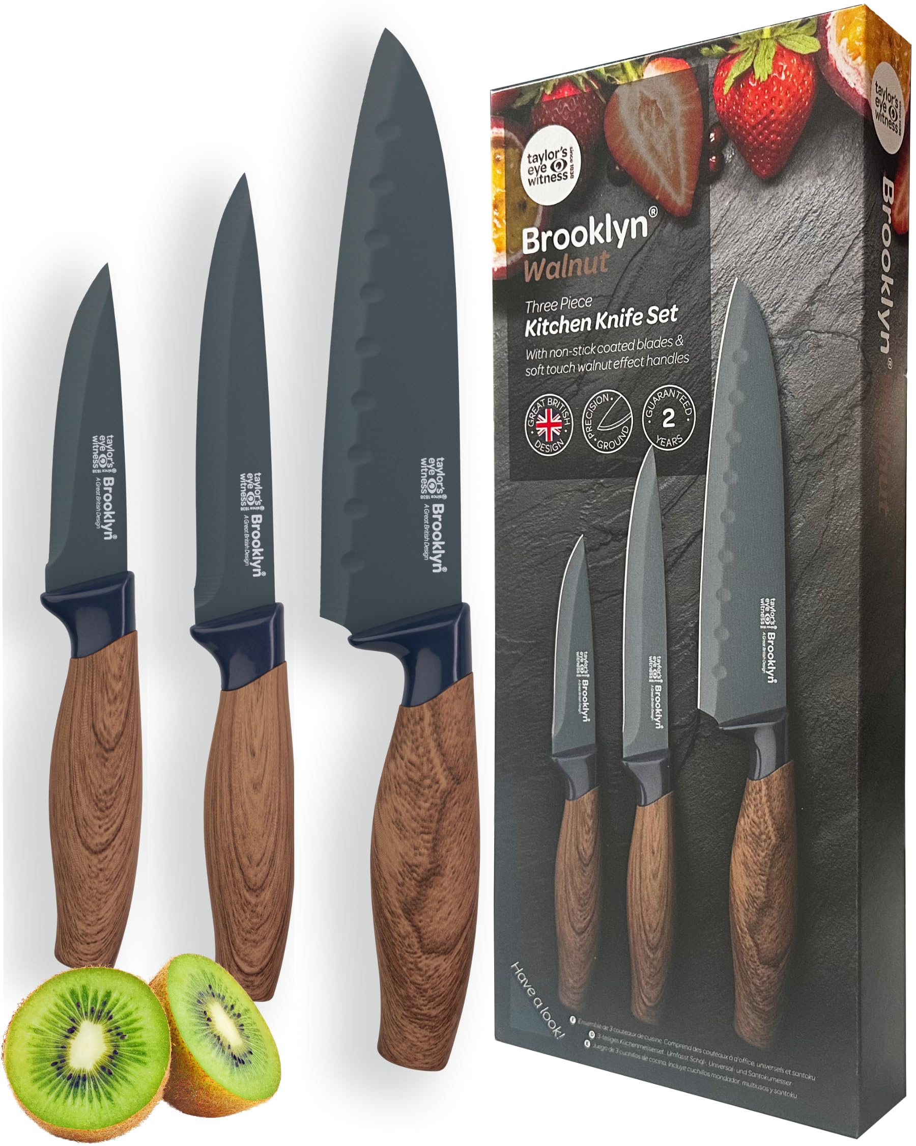 Taylors Eye Witness 3pc Knife Set | Blue Non-Stick Walnut Look