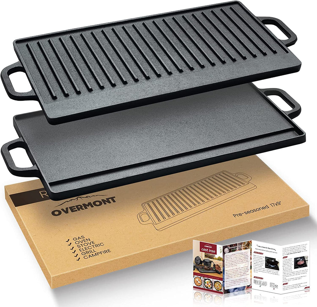 Overmont Pre-Seasoned Cast Iron Reversible Griddle Grill Pan, 20x9.2 Inch