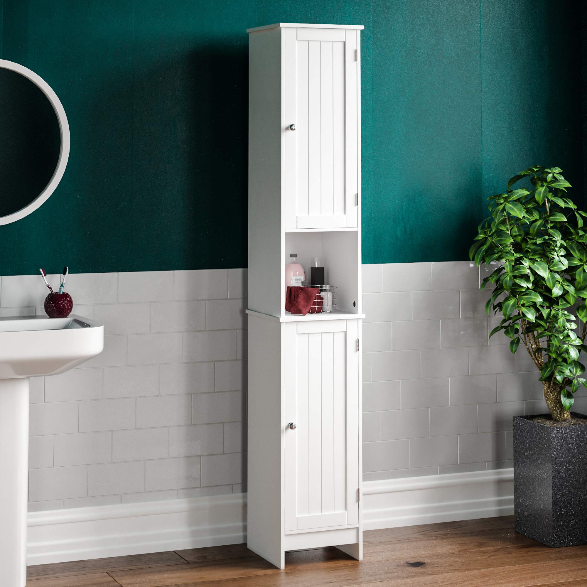 Bath Vida Priano Tallboy Bathroom Cabinet – White Wooden Storage Cupboard