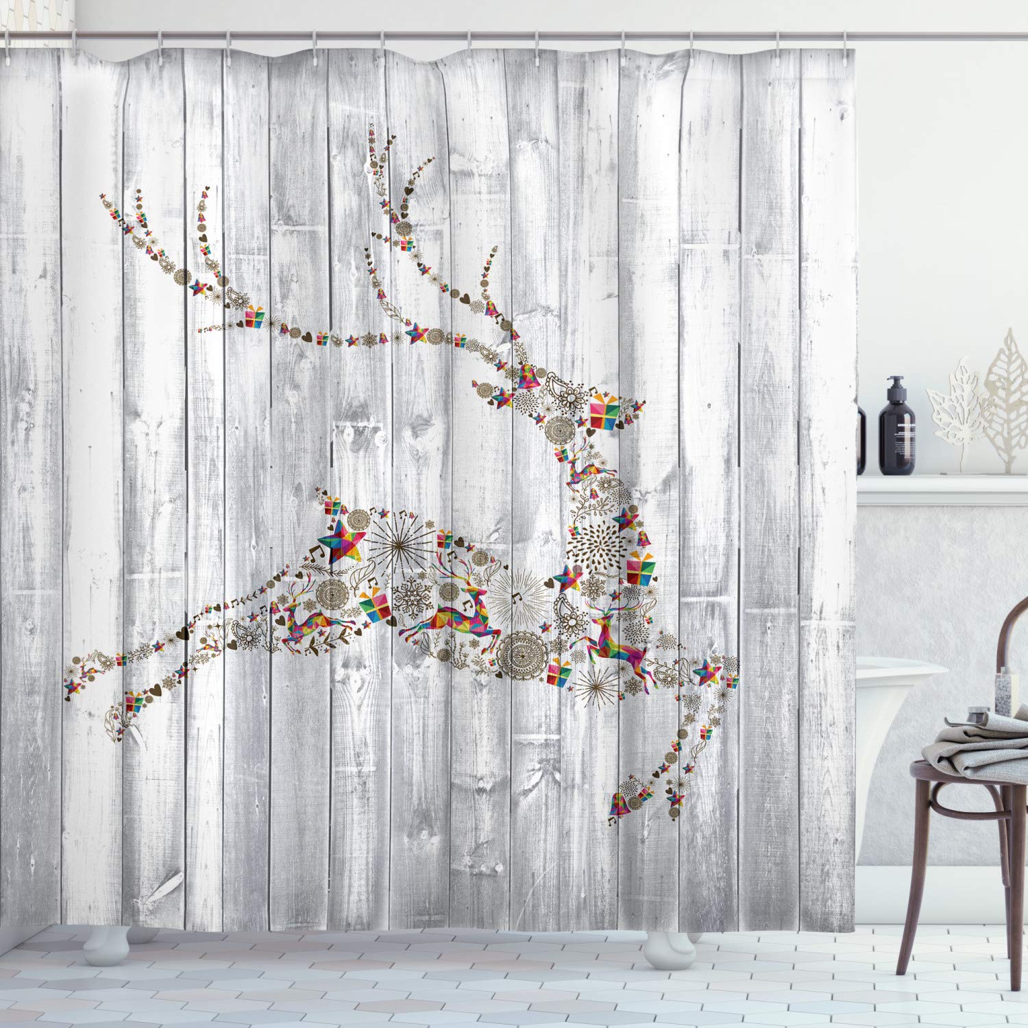 ABAKUHAUS Deer Shower Curtain – Waterproof Fabric Bathroom Decor with Hooks