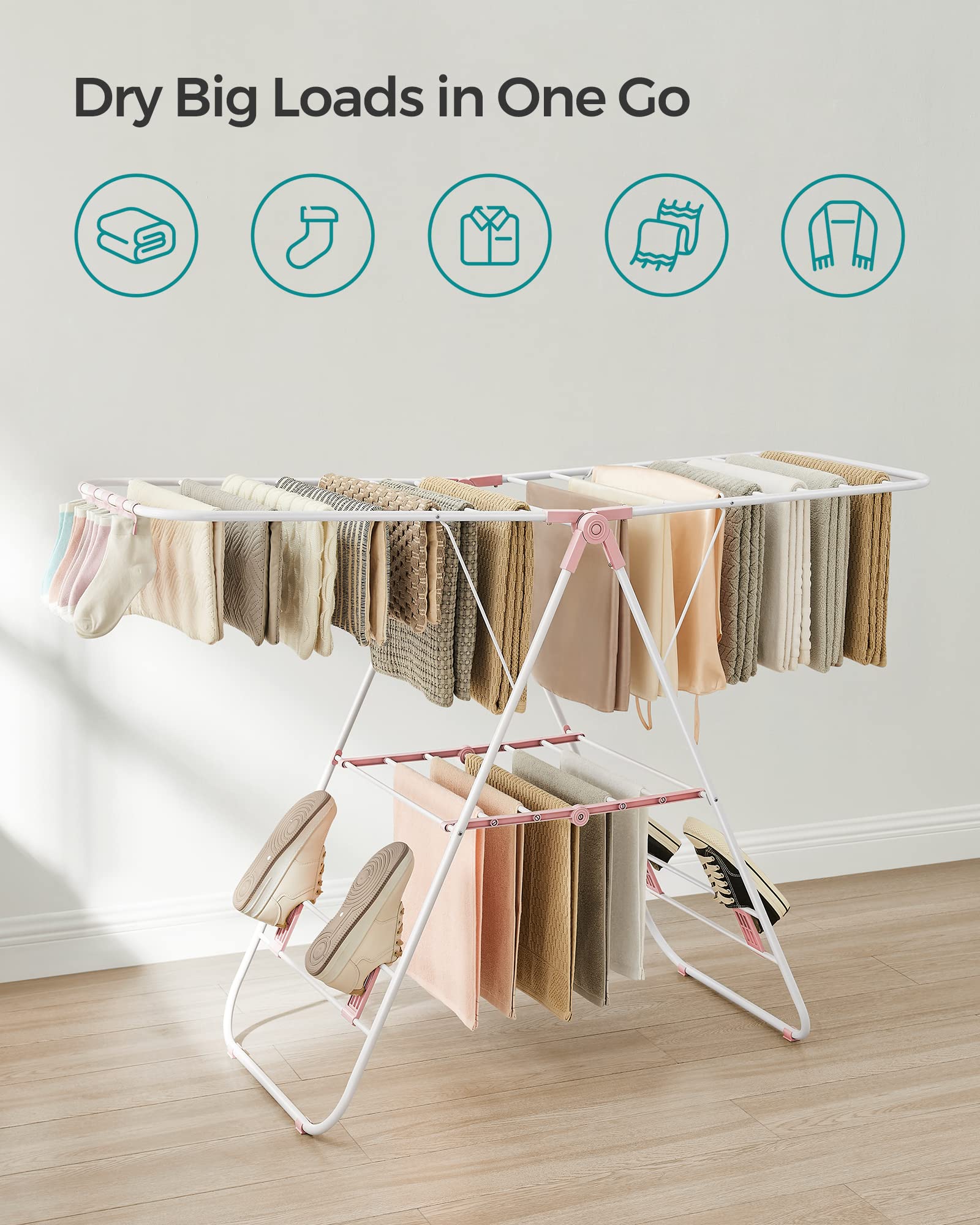 SONGMICS Foldable Clothes Drying Rack – Height-Adjustable Steel Airer