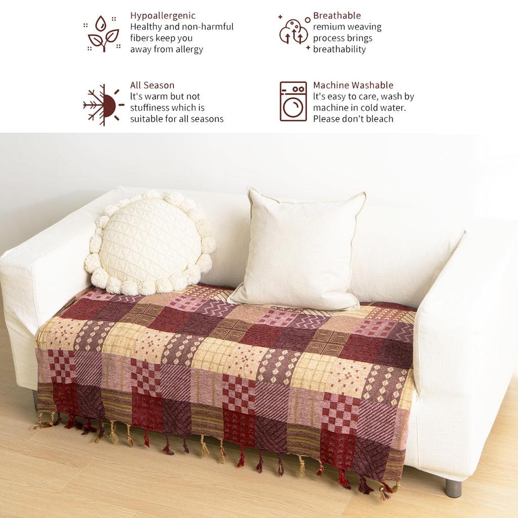 VANJOROY Bohemian Chenille Patchwork Sofa Throw Blanket with Tassels