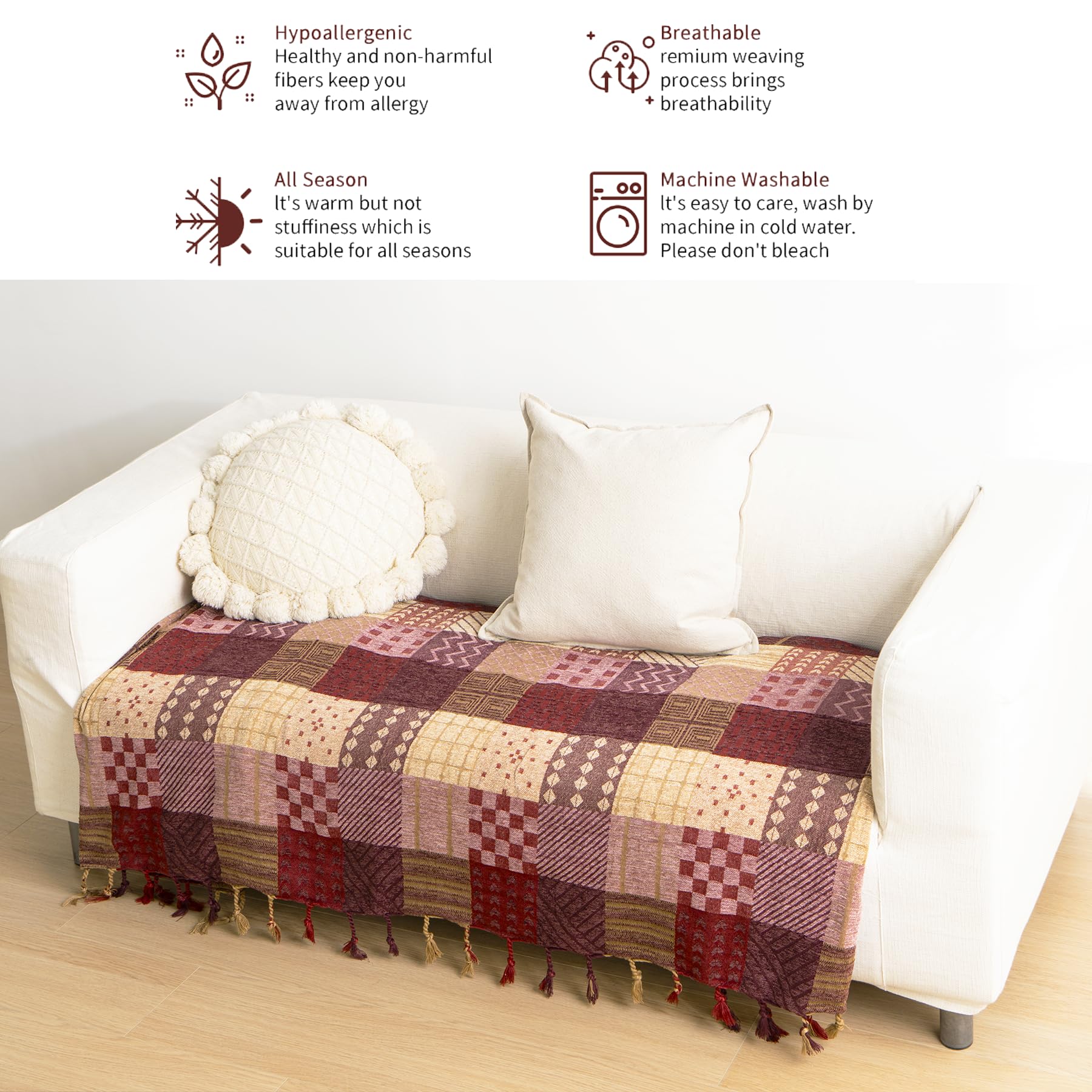 VANJOROY Bohemian Chenille Throw Blanket – Large Patchwork Sofa Bedspread