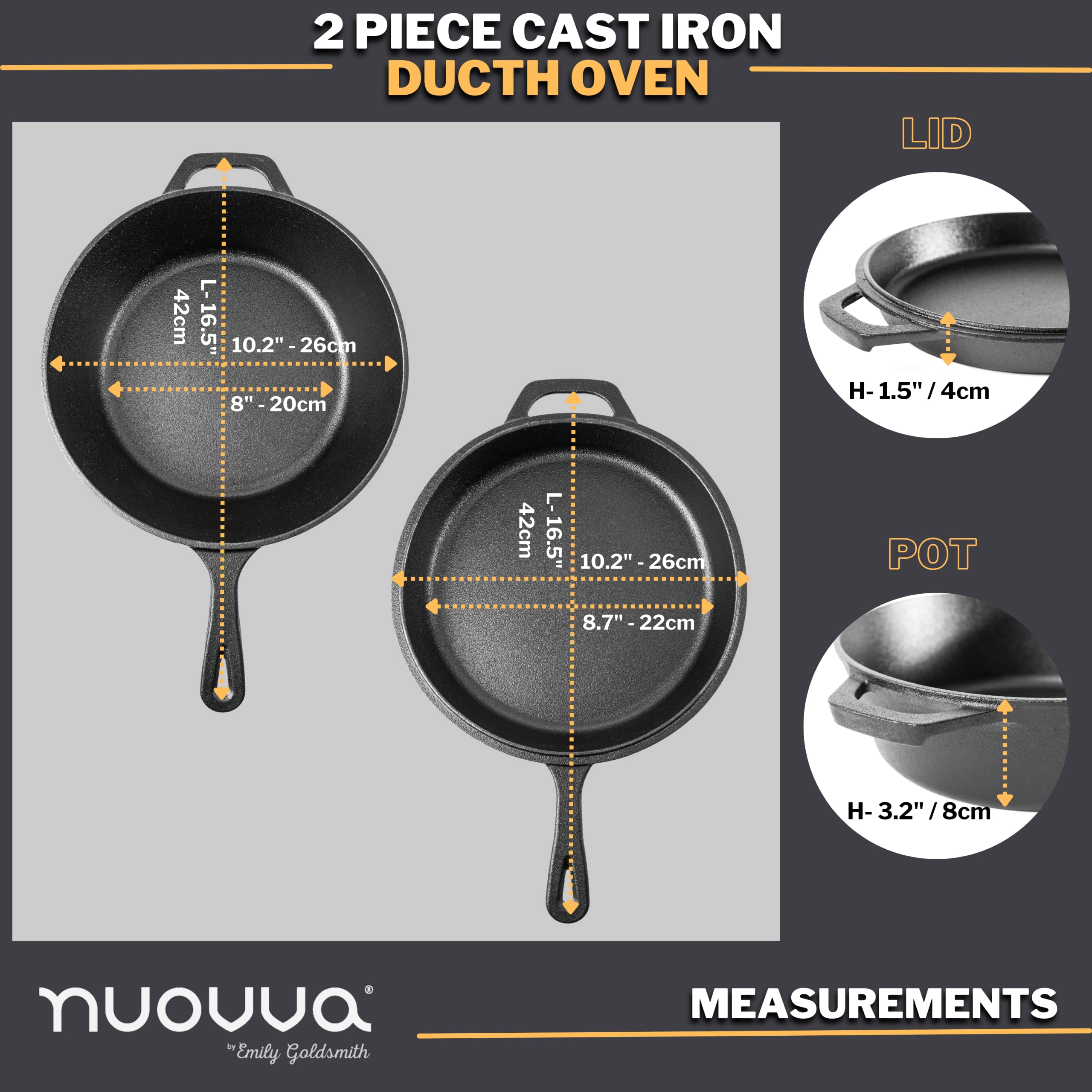 Nuovva 2-Piece Cast Iron Skillet Set | Pre-Seasoned 10 & 12 Inch Pans