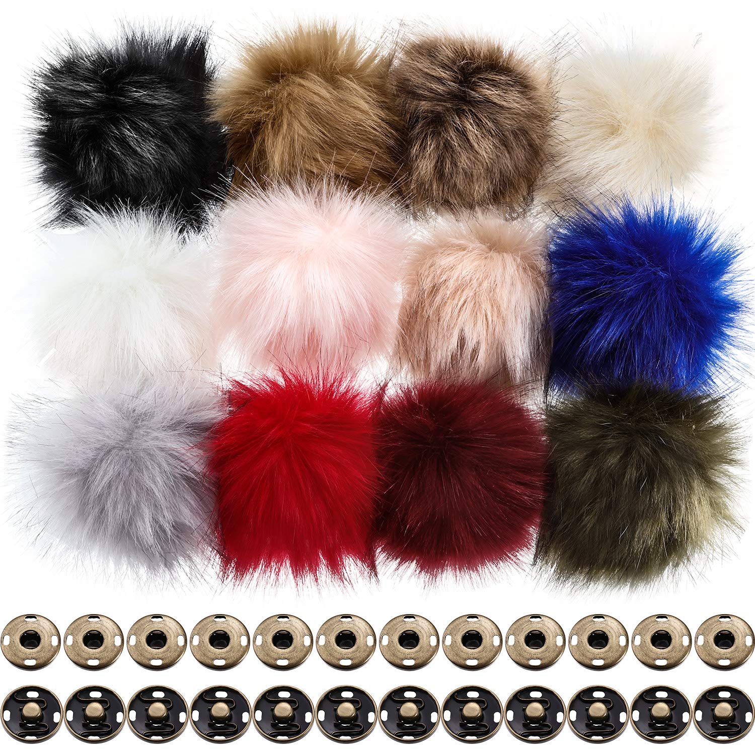Jolof Store 12-Piece Faux Fur Pompoms with Snap Buttons for Knit Hats