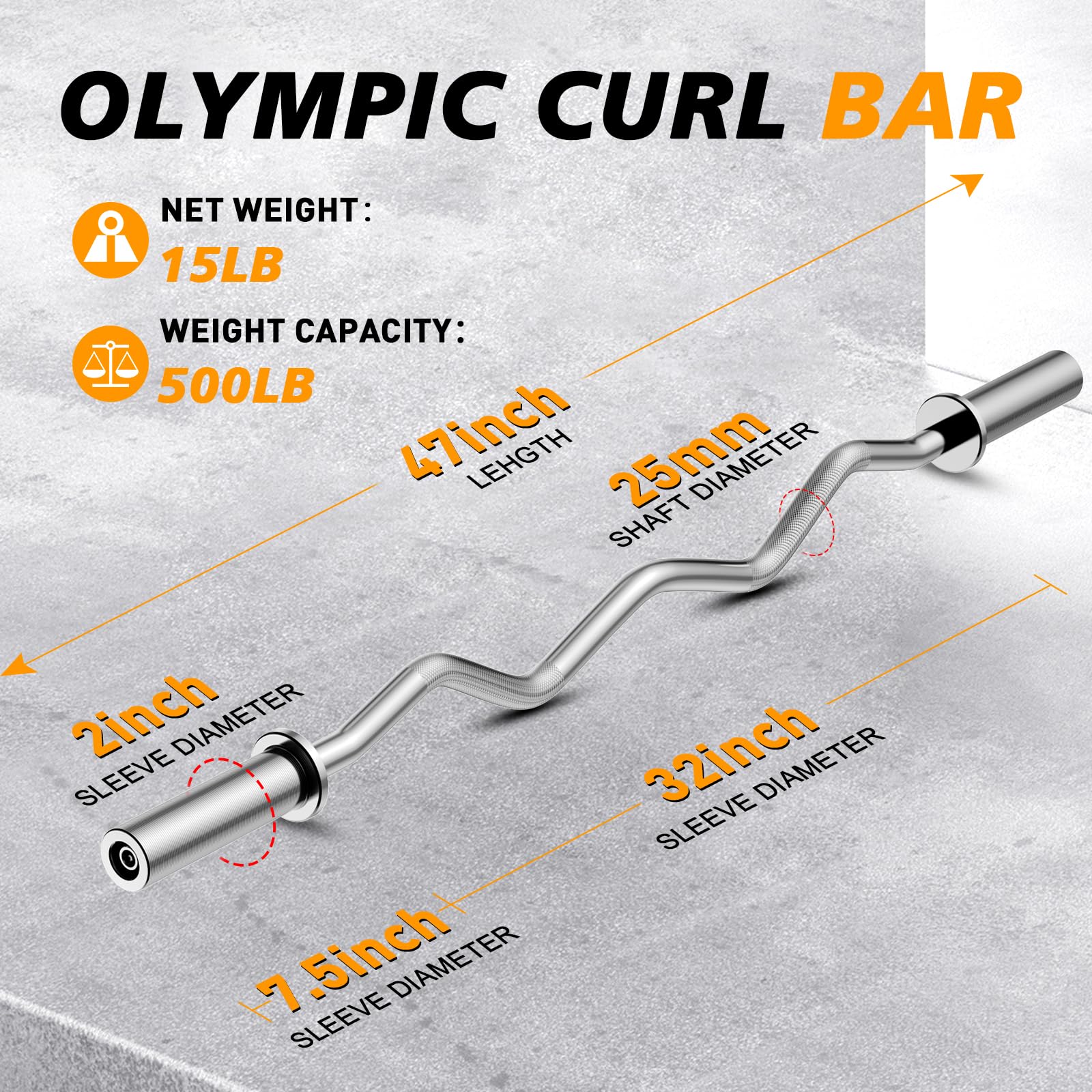 47" Olympic EZ Curl Bar | 500lb Capacity Chrome Steel Barbell