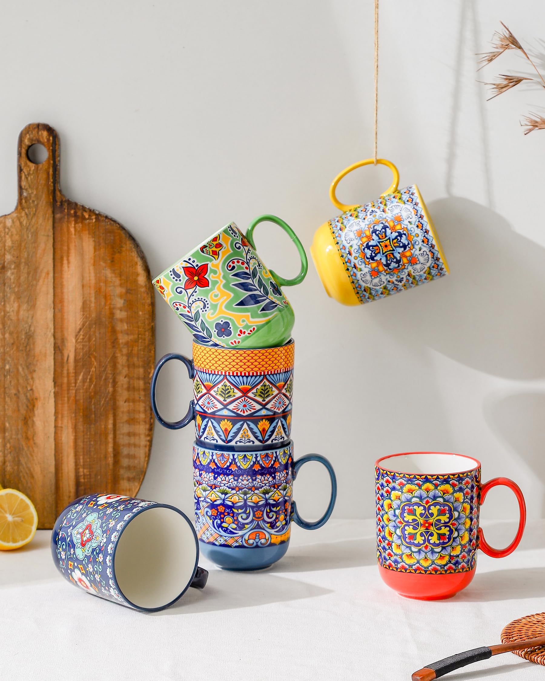 HENXFEN LEAD Bohemian Porcelain Coffee Mugs - 14oz Stackable Set of 6