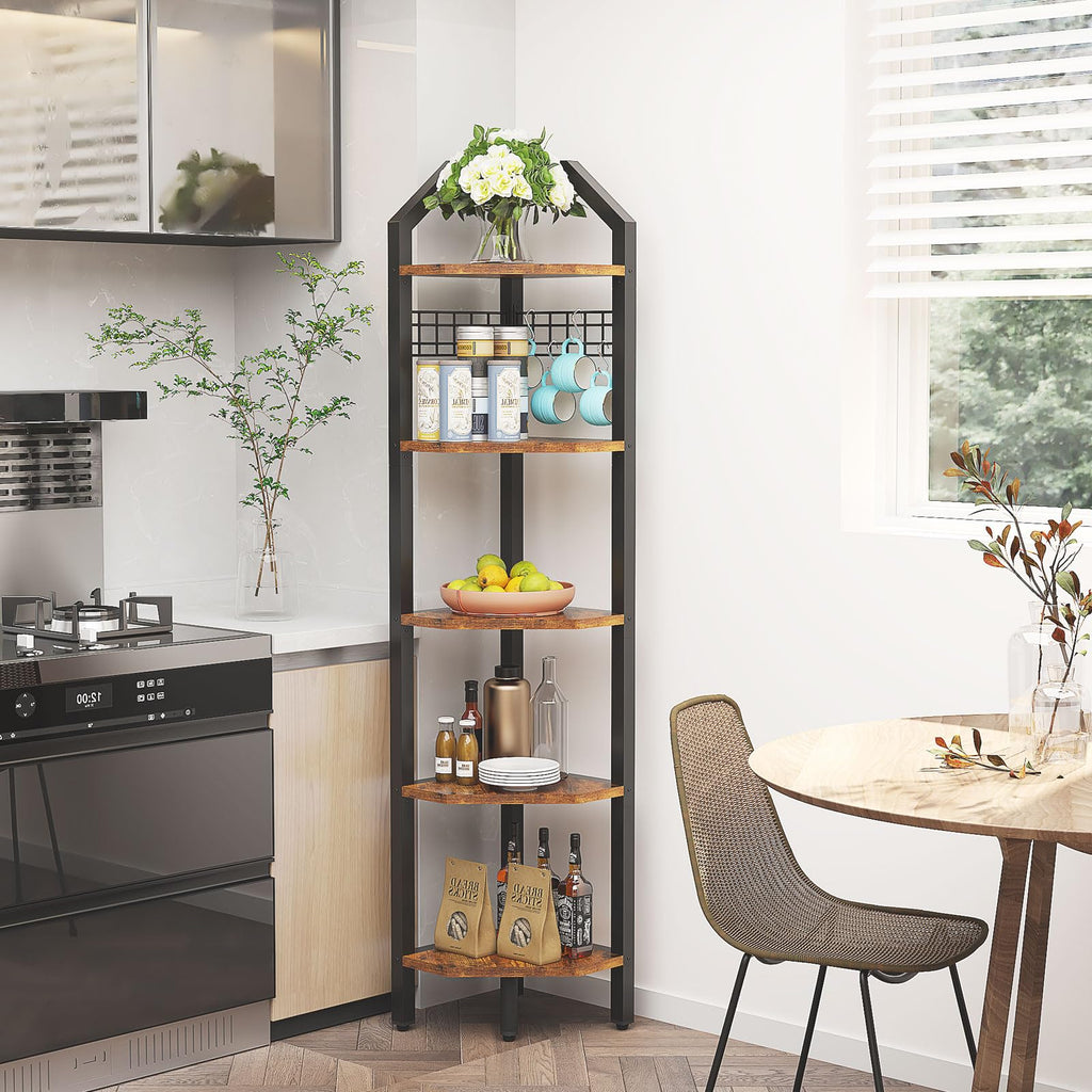 YMYNY 5-Tier Corner Shelf – 176cm Industrial Rustic Brown Bookshelf