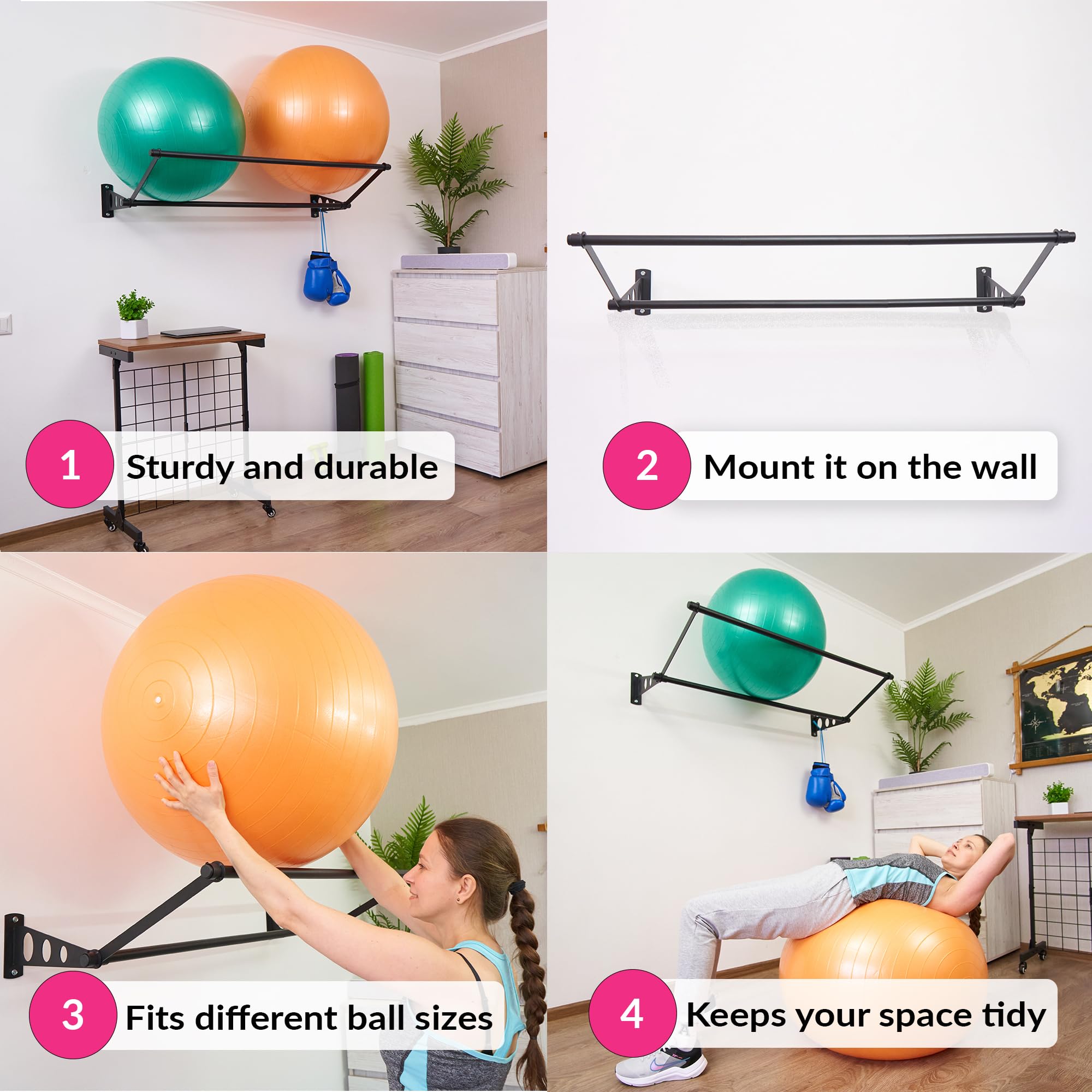 Wall Mounted Exercise Ball Holder - Matte Black Steel Rack