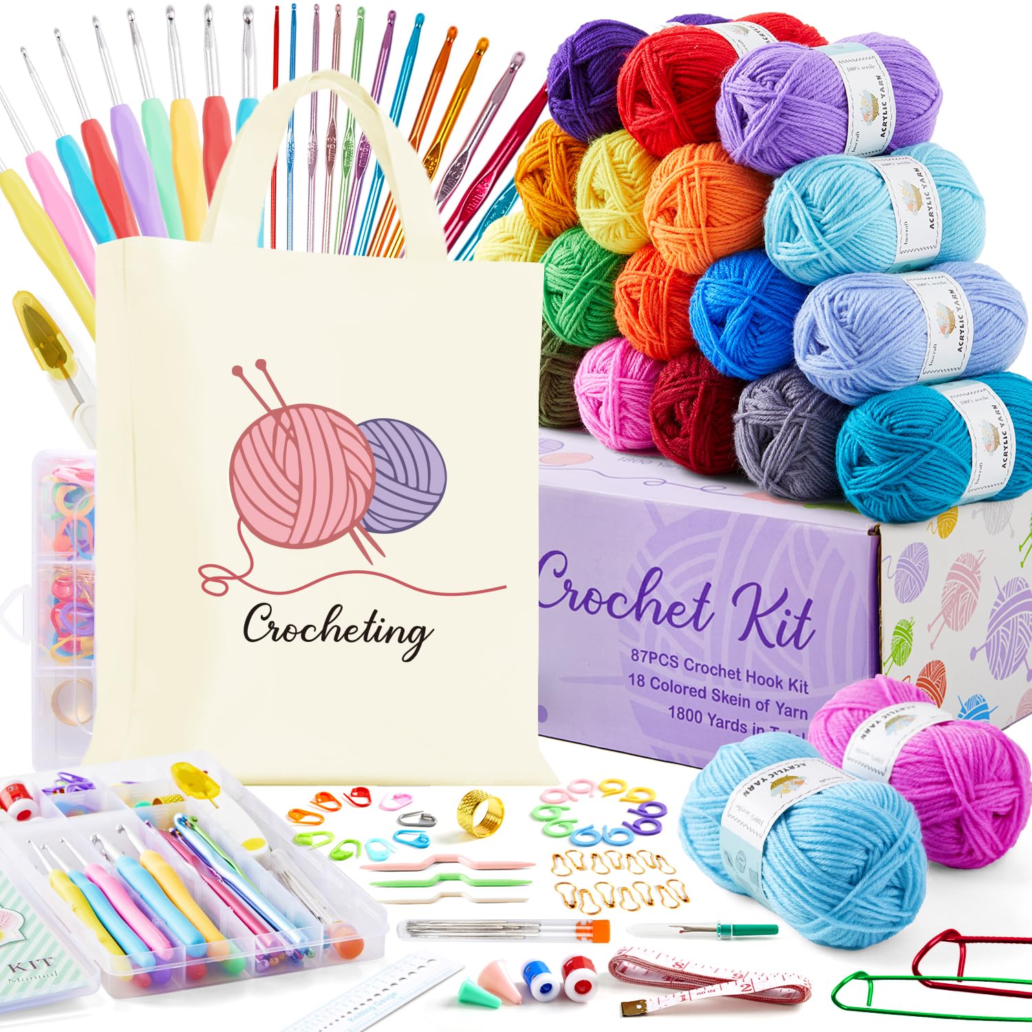 Inscraft Crochet Kit for Beginners: 18 Acrylic Yarns & 87 Accessories Set