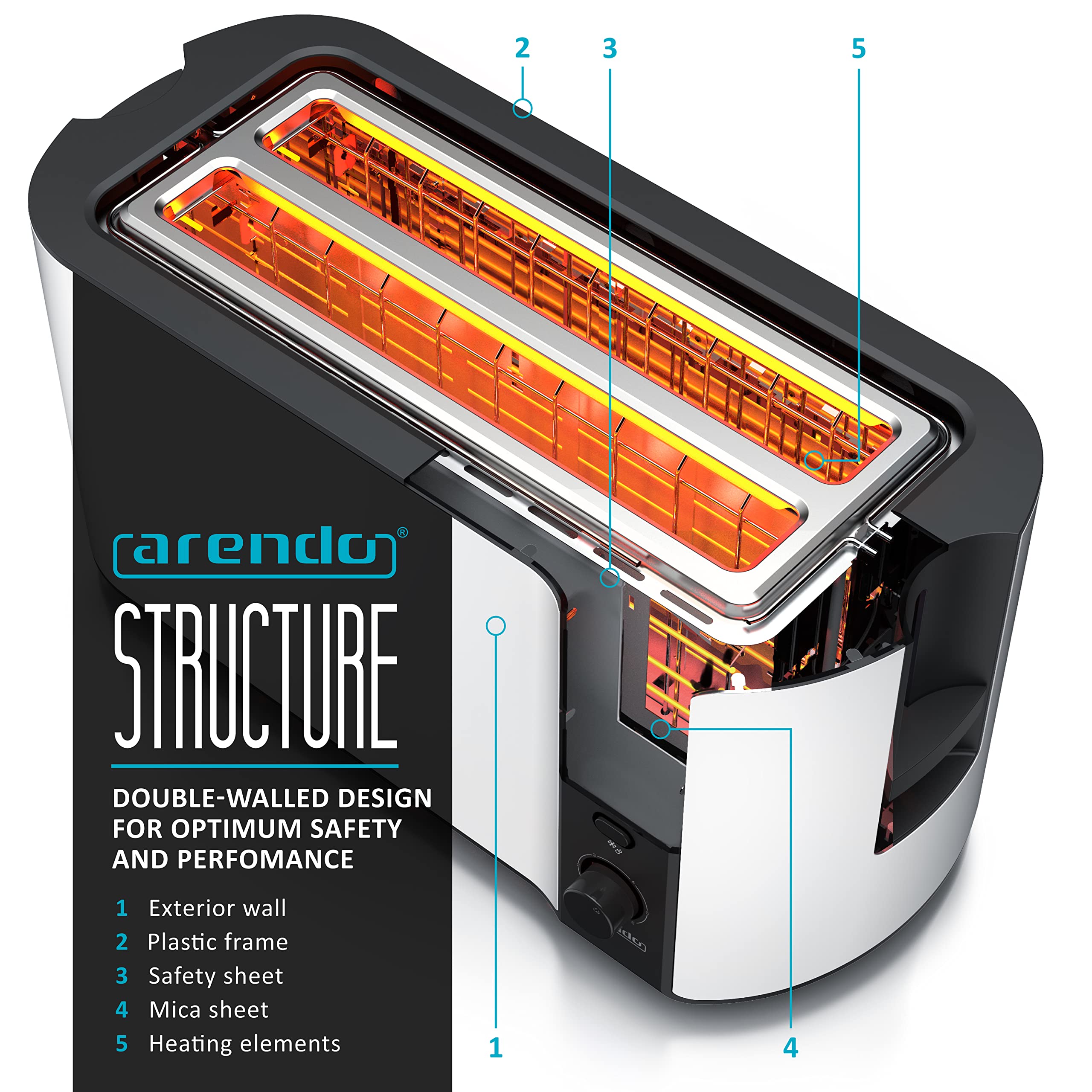 Arendo Frukost 4-Slice Long Slot Toaster – Stainless Steel & Timer