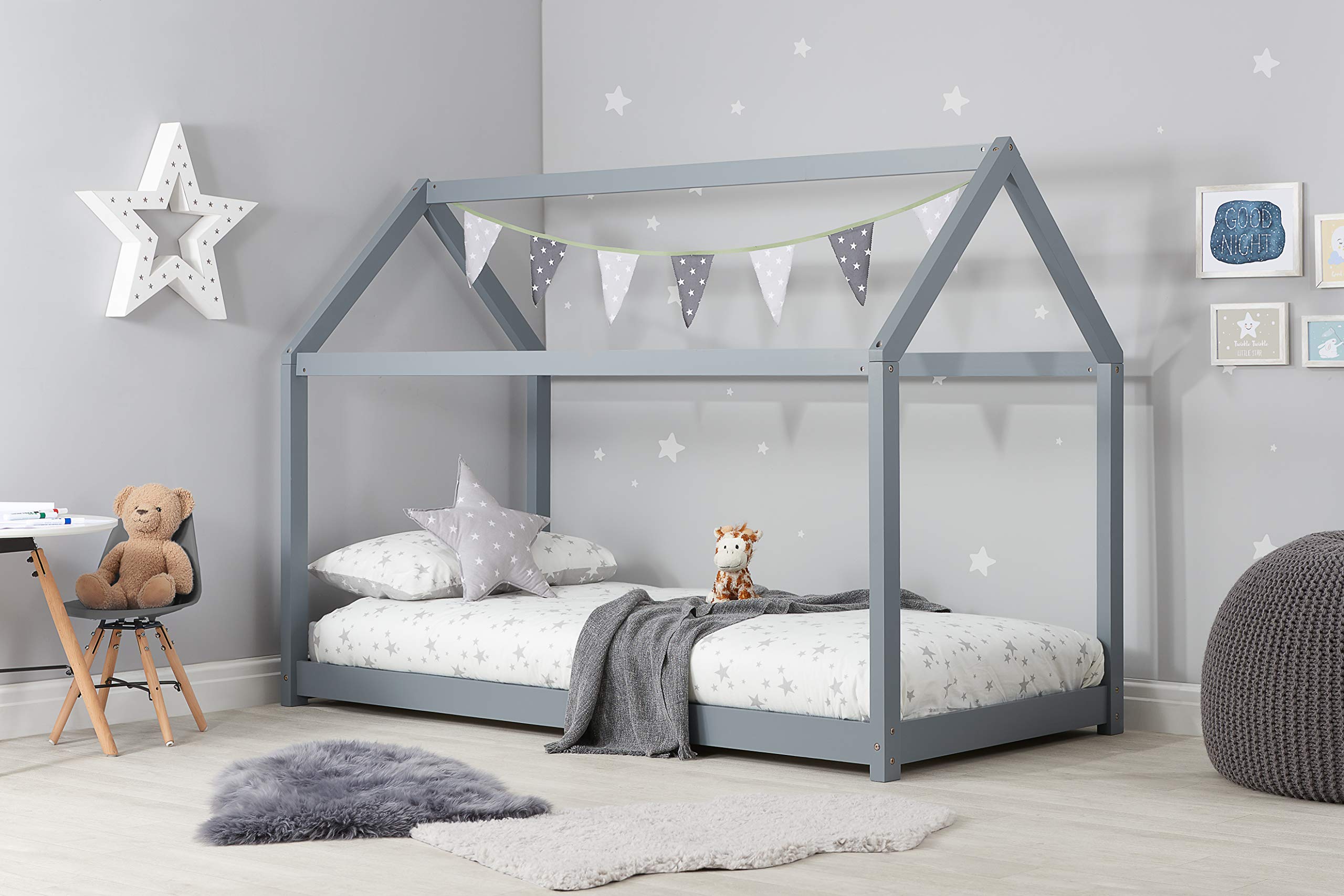 Birlea House Kids Bed – Grey Pine Wooden Single Bed Frame, 90cm