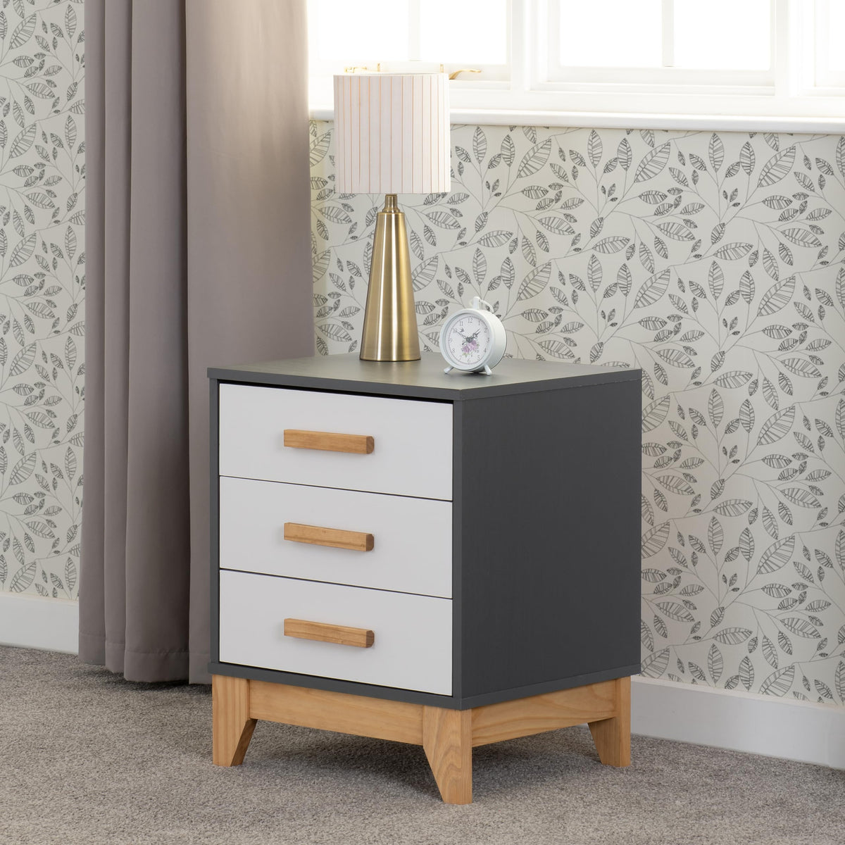 Seconique Cleveland 3 Drawer Bedside in White/Grey Metal Effect - image 2