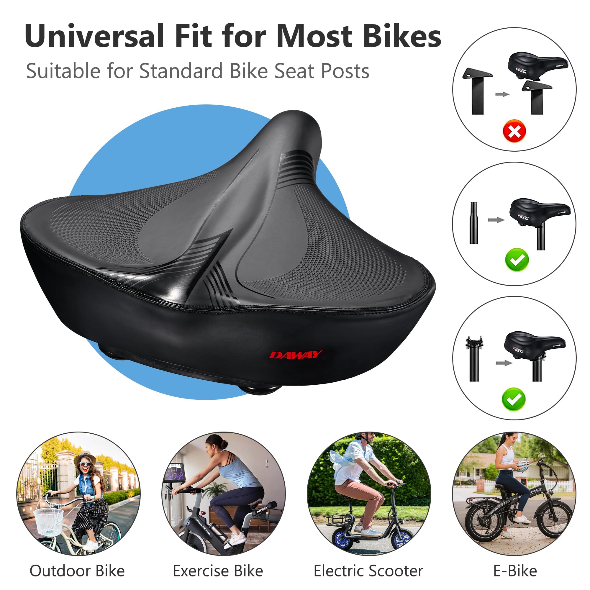 DAWAY W60 Extra Wide Bike Seat – Memory Foam Shock Absorbing Saddle