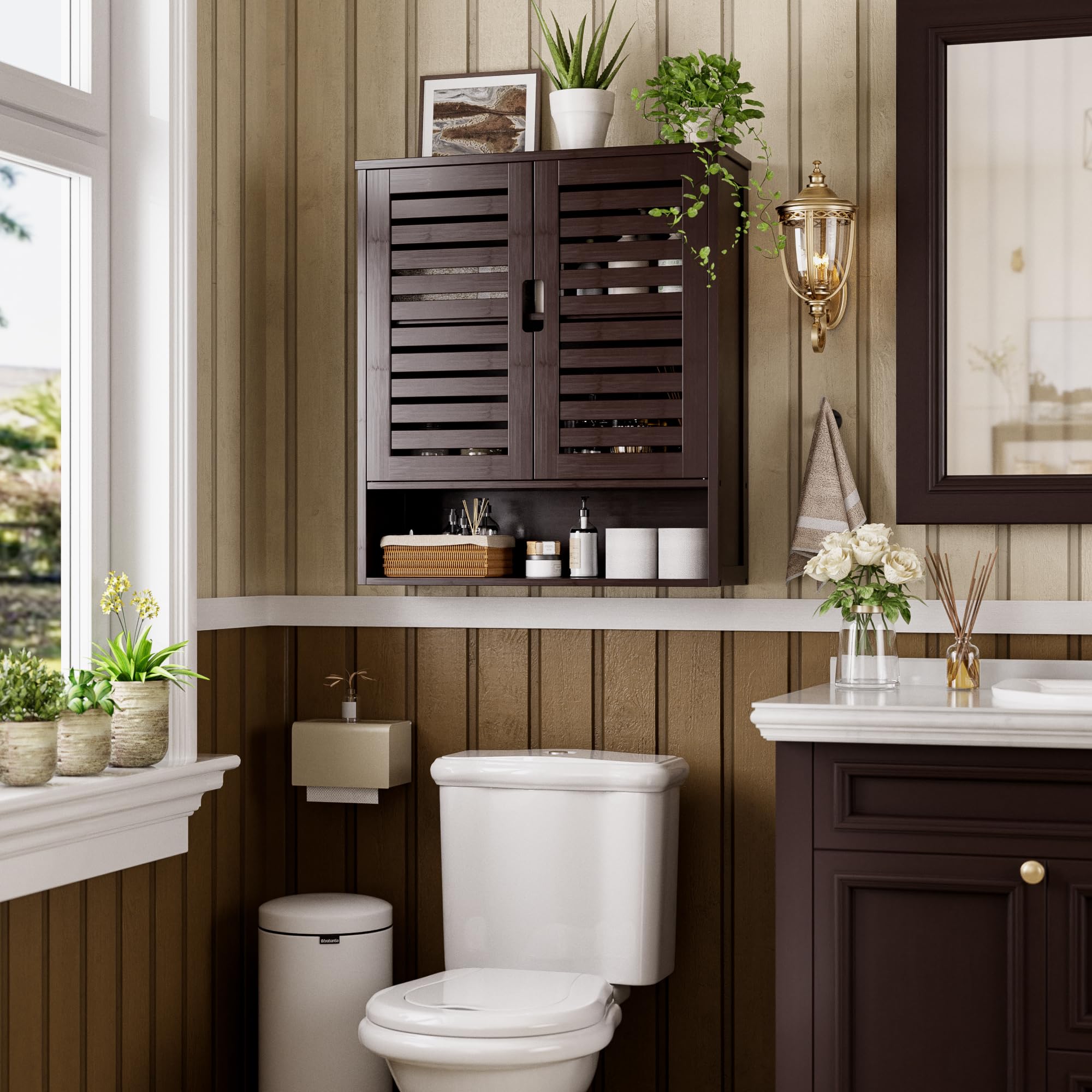 SMIBUY Bamboo Wall Mounted Bathroom Cabinet | 2-Door Medicine Organizer