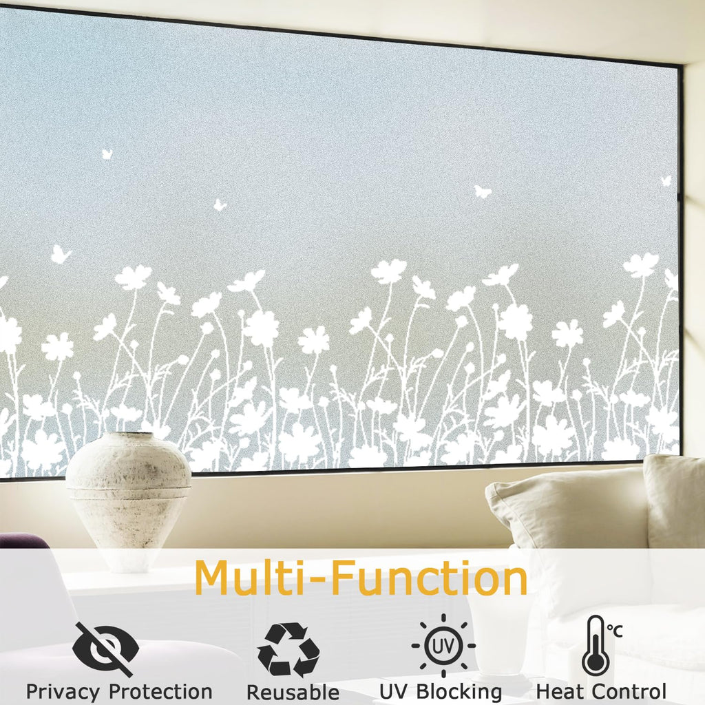 Linarun Frosted Window Privacy Film | Floral Static Cling Tint | 90x400 cm