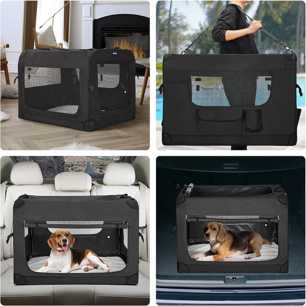Veehoo 28-Inch Soft Dog Crate | Foldable 3-Door Travel Pet Kennel