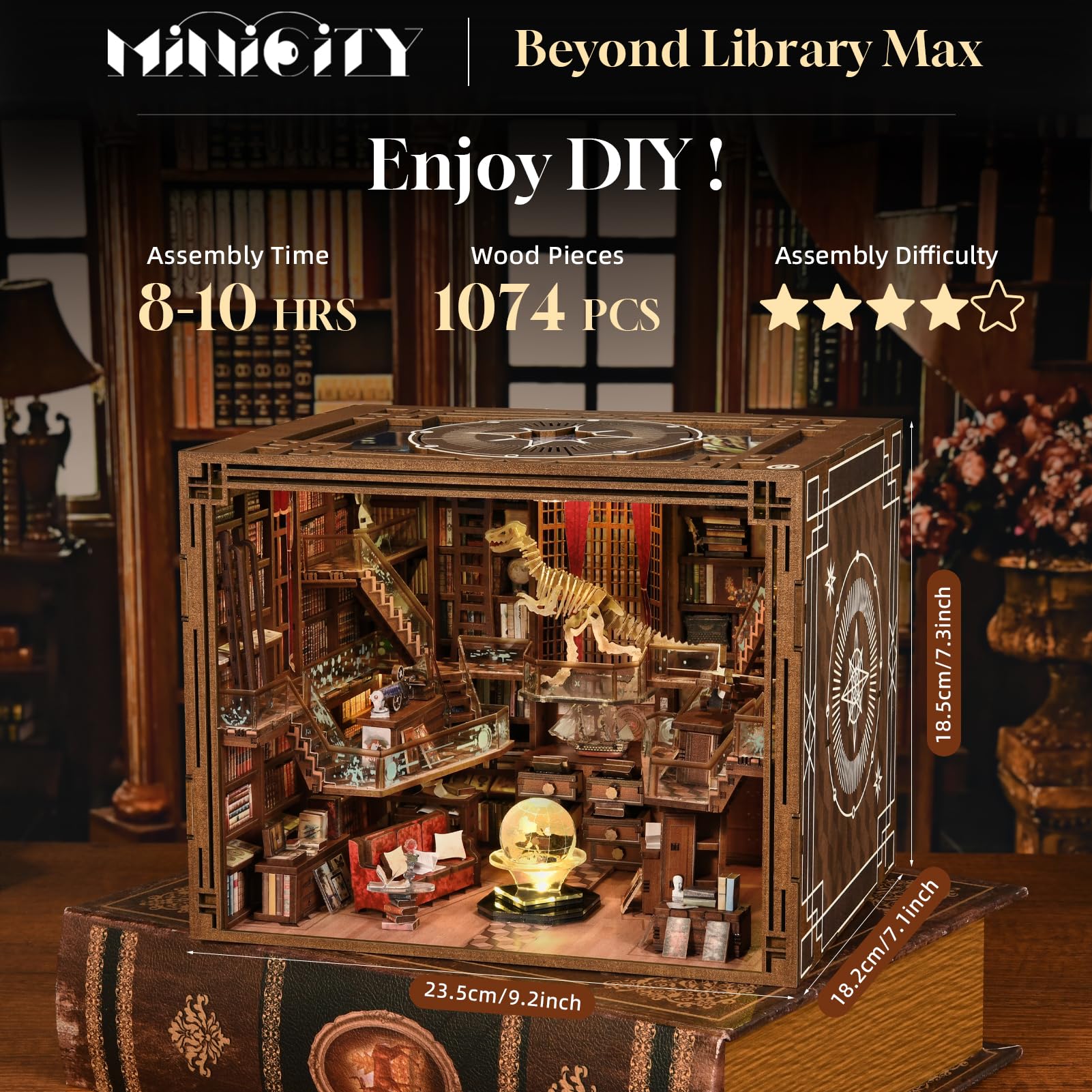 Minicity Book Nook Kit – DIY 3D Wooden Puzzle Library with LED Light
