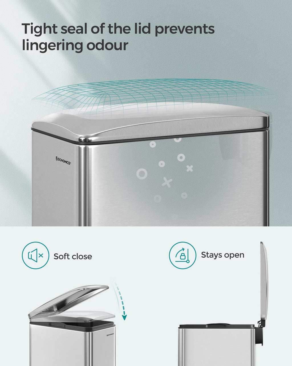 SONGMICS 48L Slim Kitchen Bin | Stainless Steel Soft-Close Pedal Bin