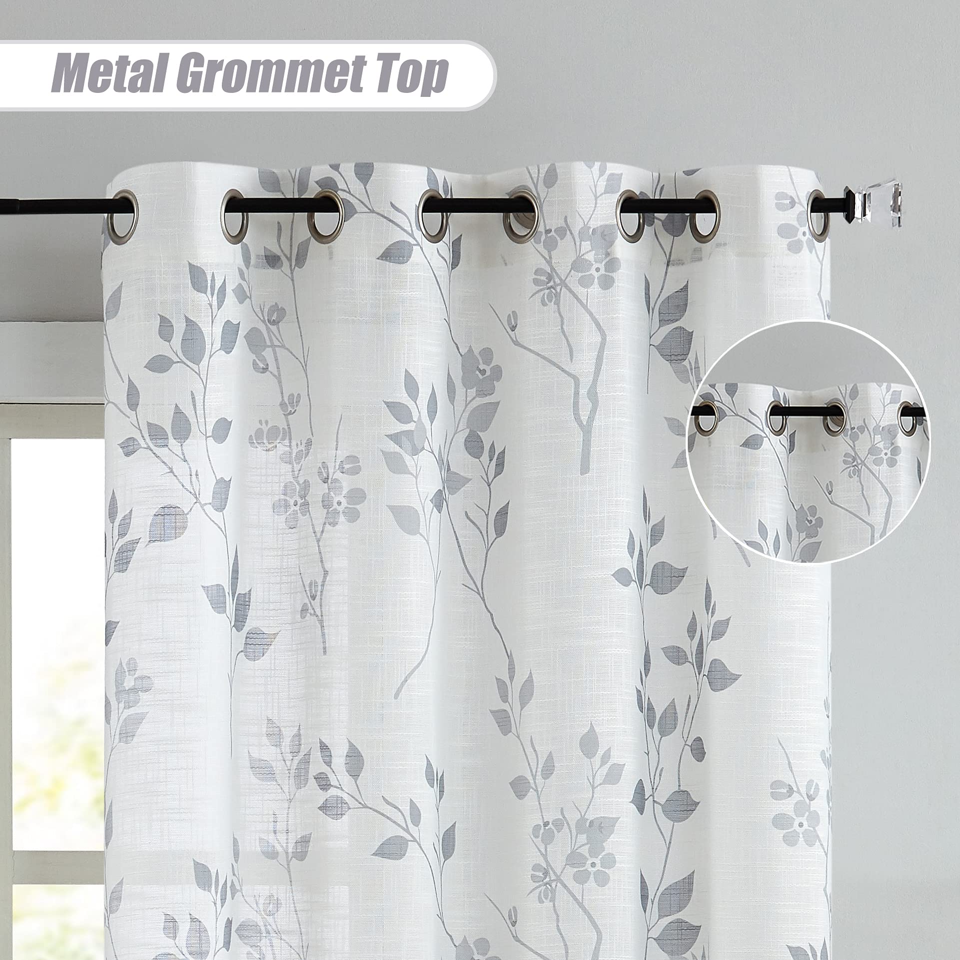 Beauoop Grey Floral Semi Sheer Curtains - Linen Textured Leaf Print, 2 Panels