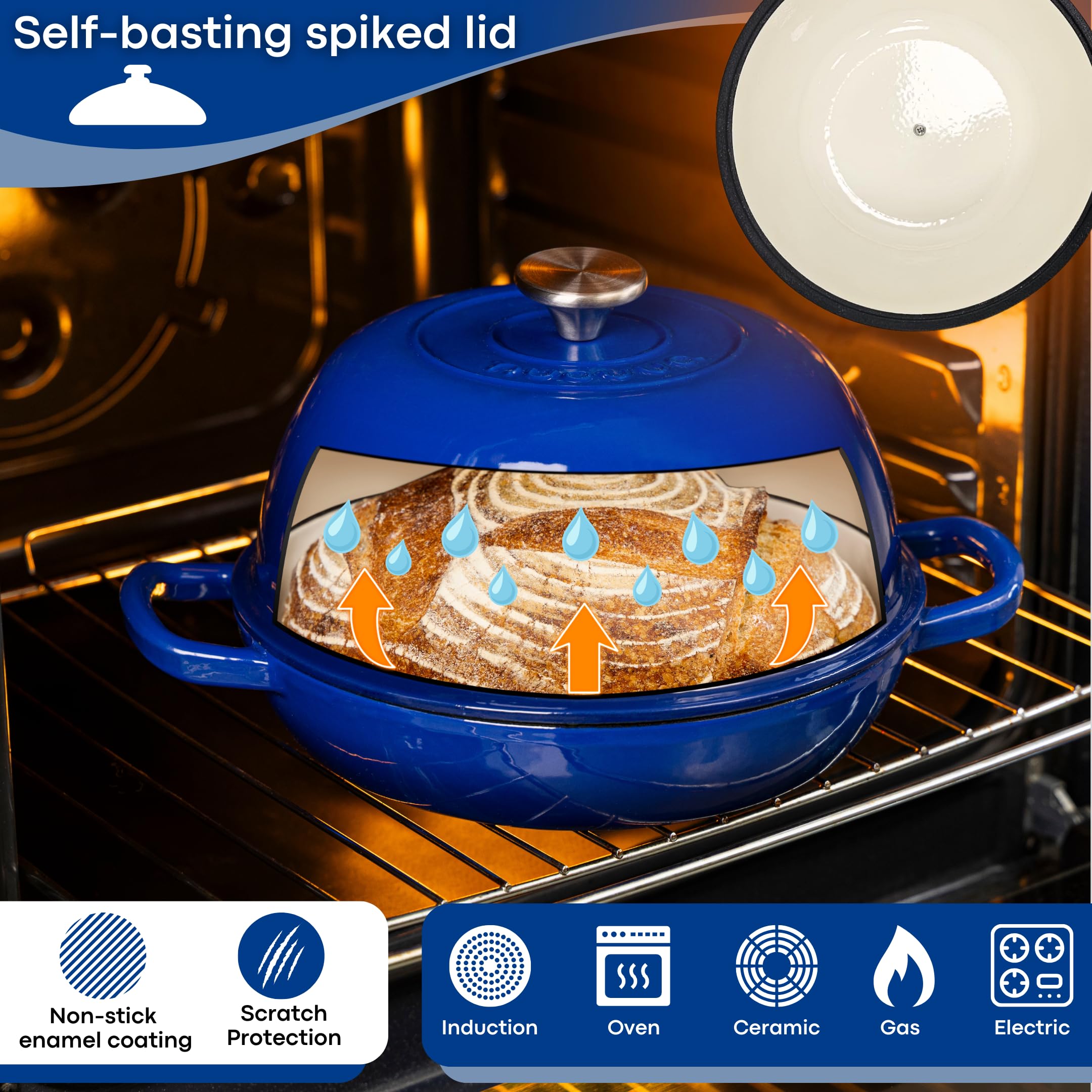Nuovva Enamelled Cast Iron Dutch Oven - 6 Quart Bread Pot, Dark Blue