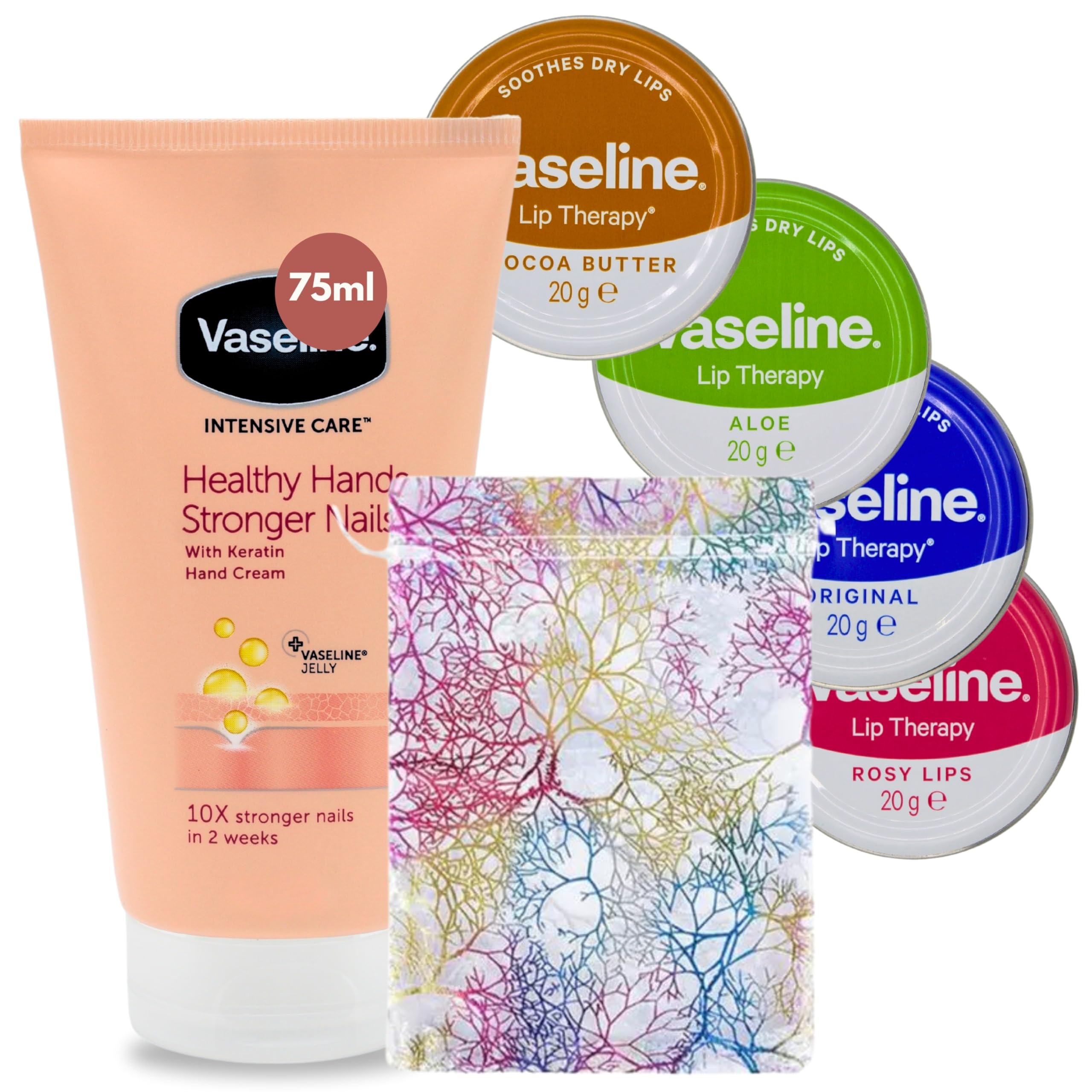 Vaseline Lip Therapy Bundle - 4 Lip Balms, Hand Cream & Organza Bag