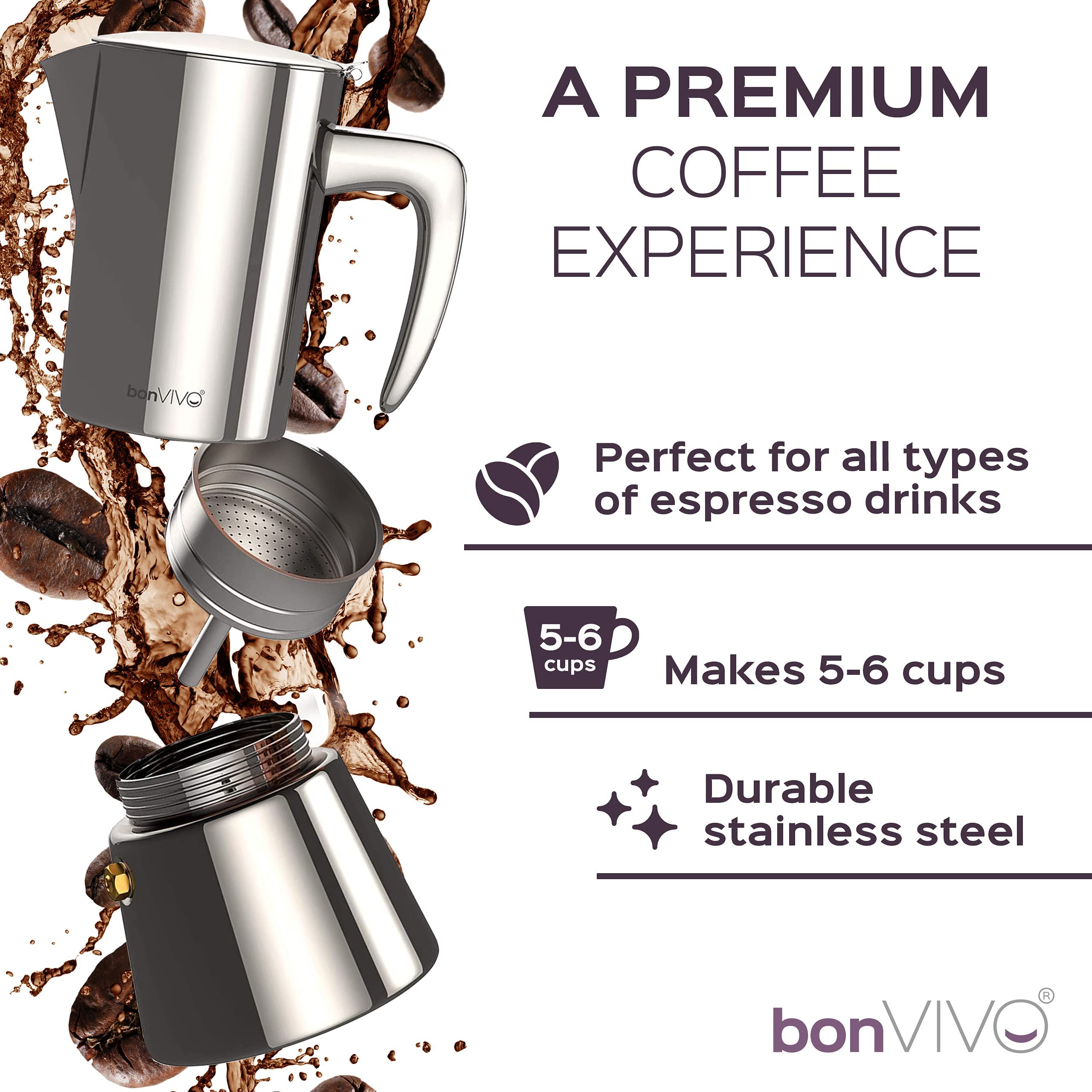 bonVIVO Intenca Moka Pot – 6 Cup Stainless Steel Stovetop Espresso Maker