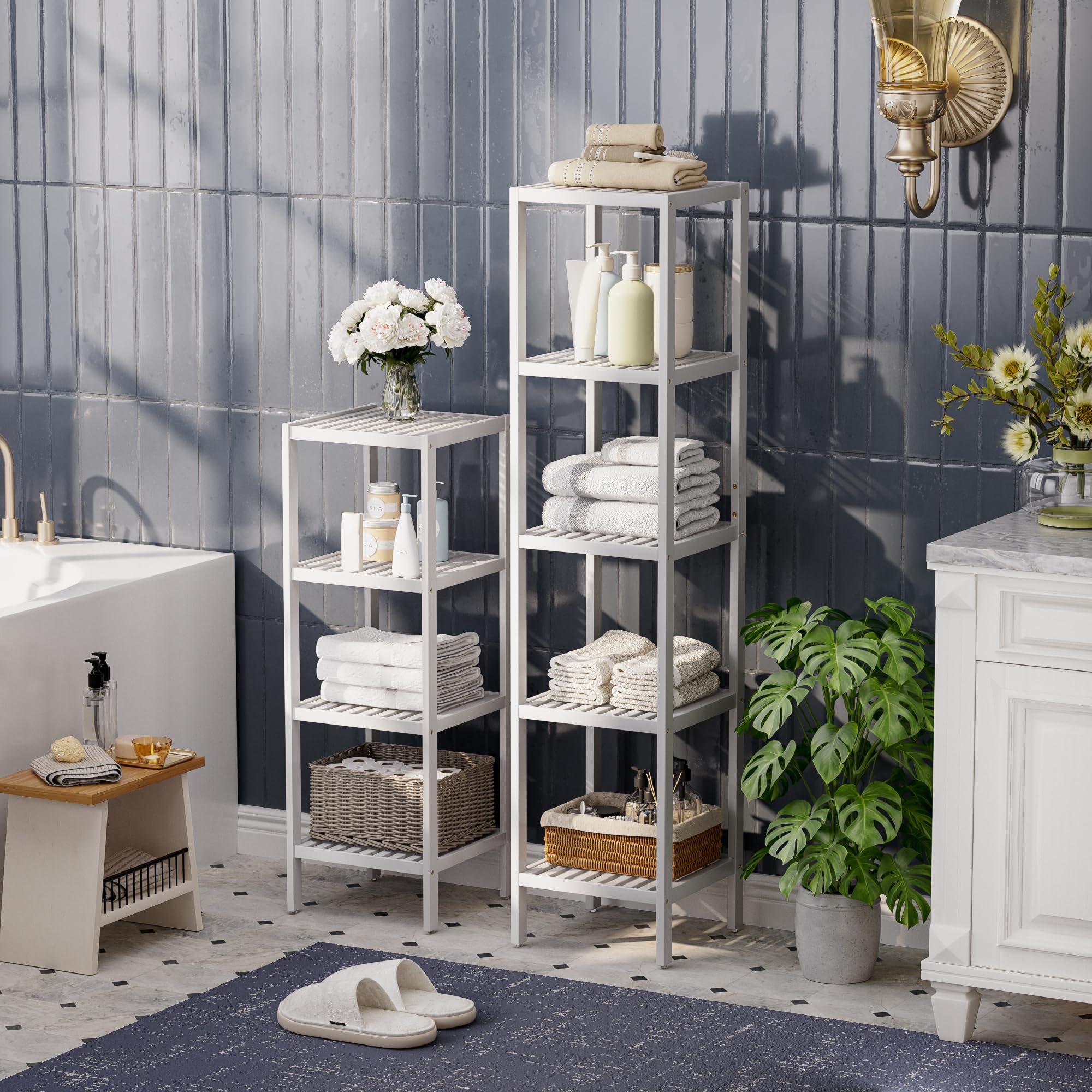 SMIBUY 4-Tier Bamboo Bathroom Storage Shelf | Space-Saving Rack - White